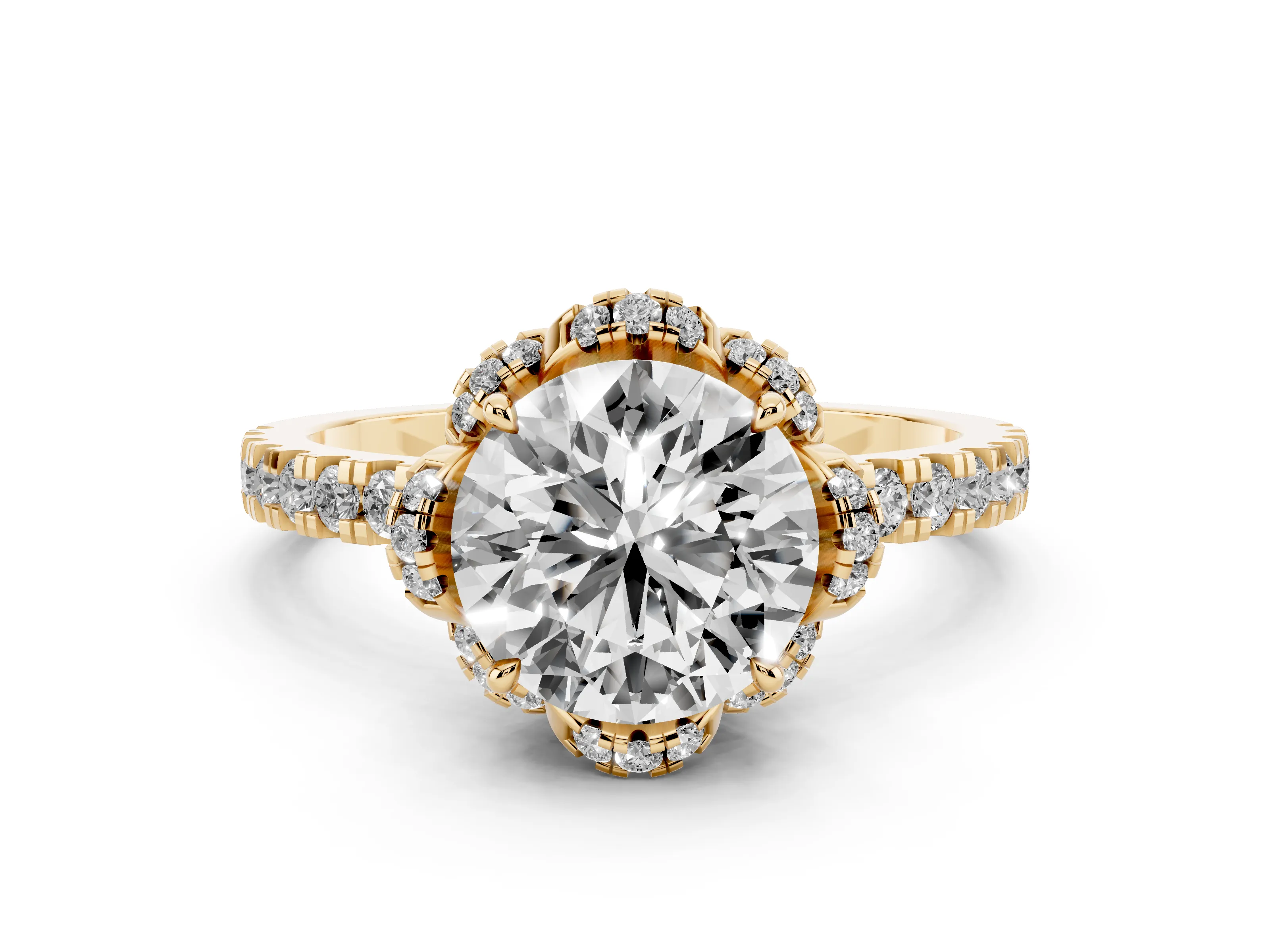Round Cut Diamond Halo Pavé Band Ring Set in Yellow gold with Prong-Held Center