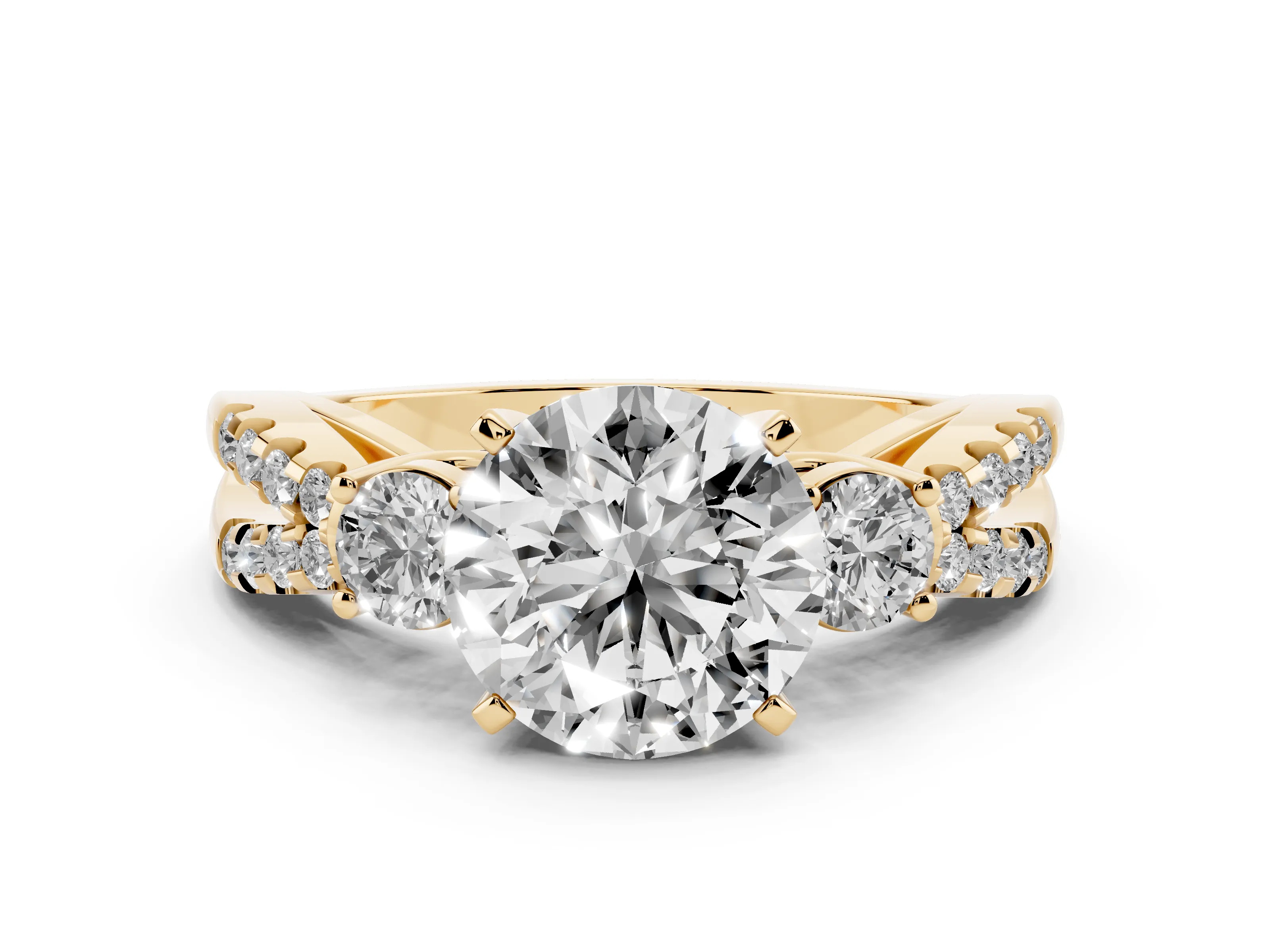 Round Cut Diamond Three-Stone Ring Set in Yellow gold with Pavé Split Shank and Prong Setting