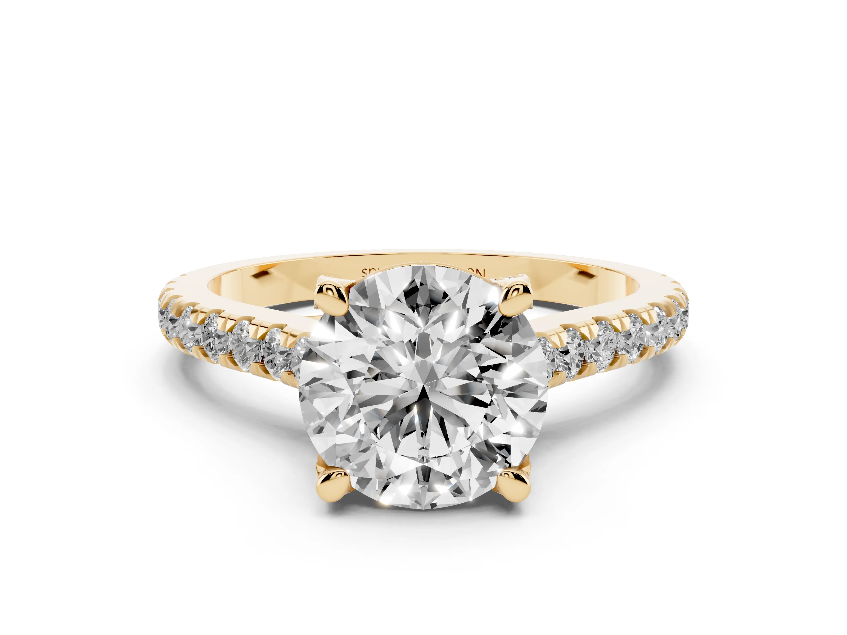 Round Cut Diamond Solitaire Ring Set in Yellow gold with Brilliant Pavé Band and Prong Setting