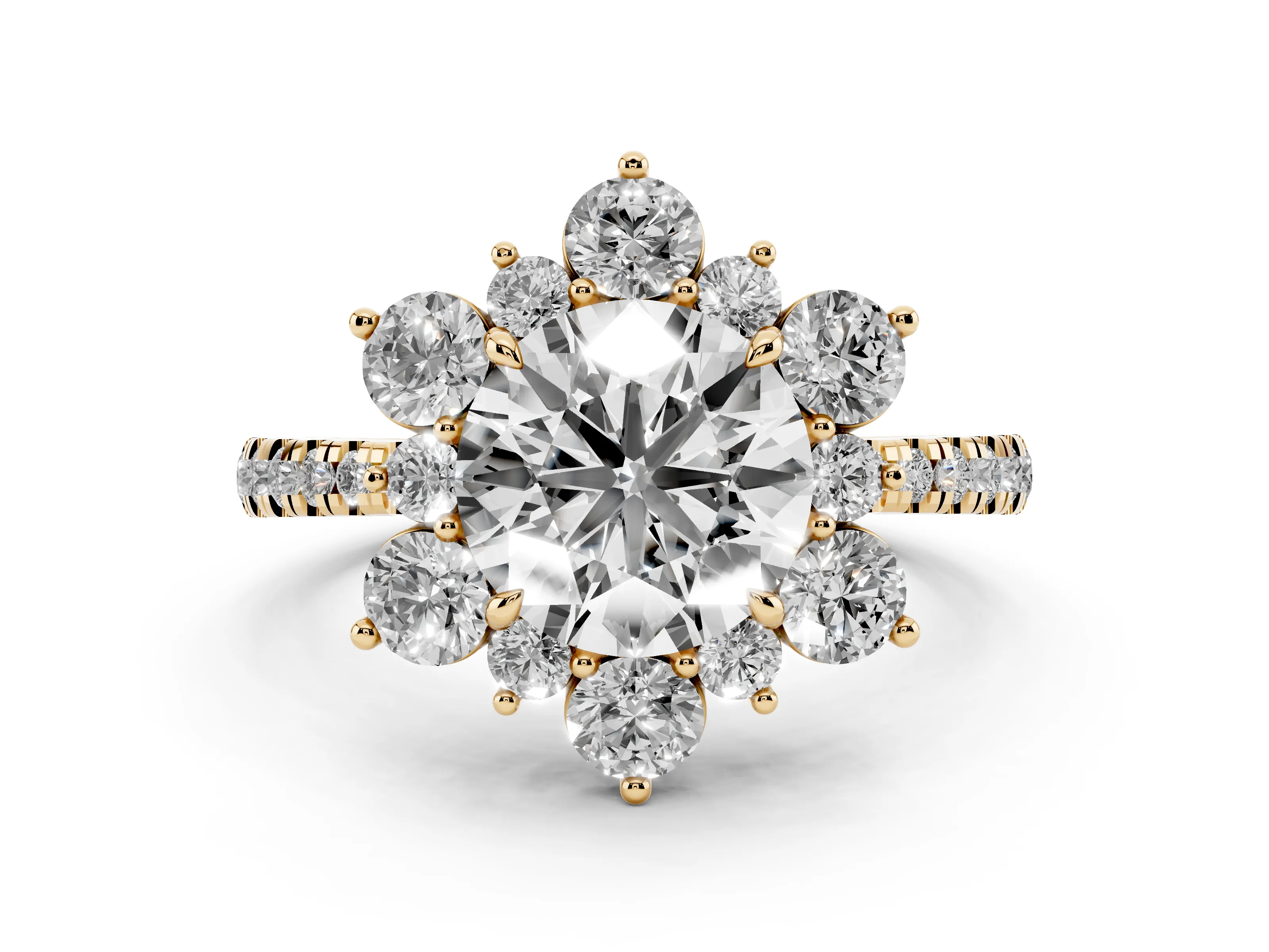 Round Cut Diamond Floral Halo Ring Set in Yellow gold with Round Pavé Band and Prong Setting