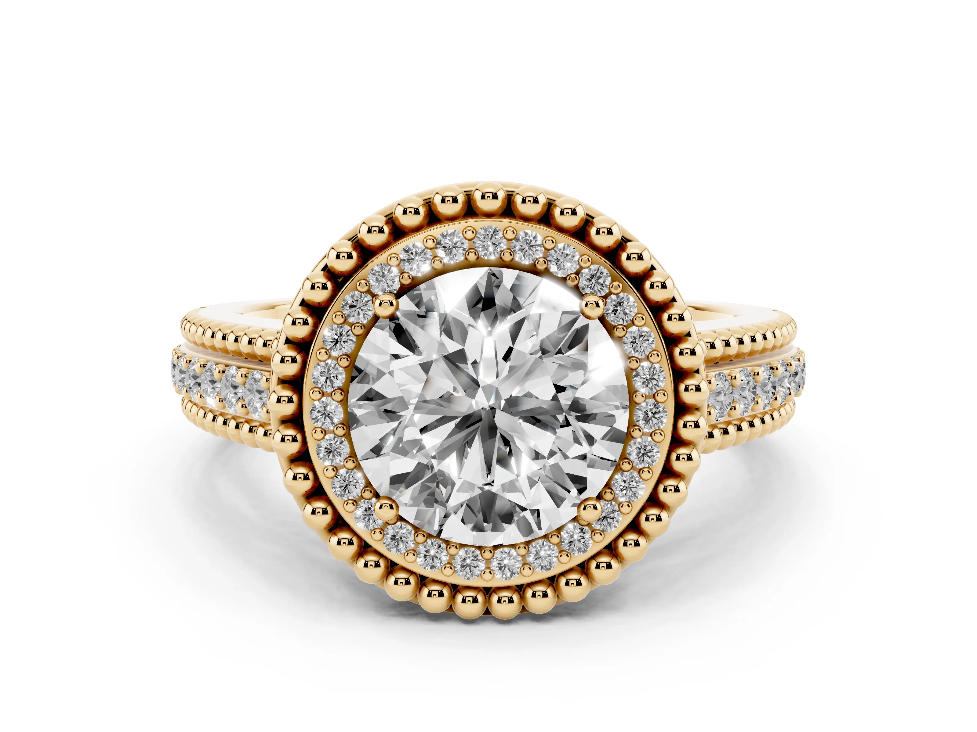 Round Cut Diamond Halo Ring Set in Yellow gold with Beaded Split Shank and Prong Setting