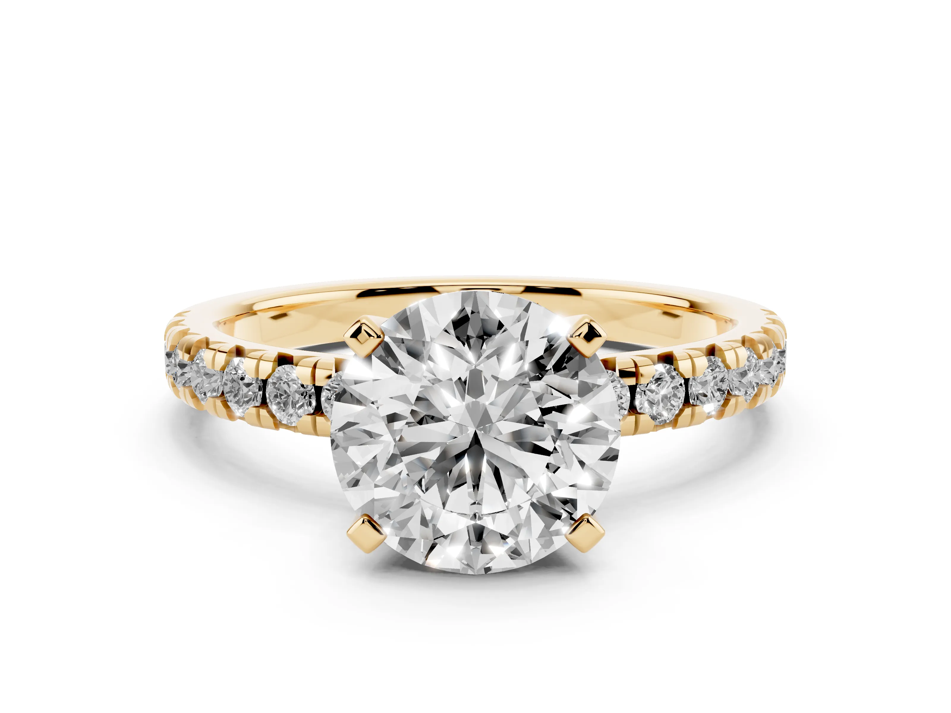 Round Cut Diamond Solitaire Pavé Engagement Ring Set in Yellow gold with Round Band and Prong Setting