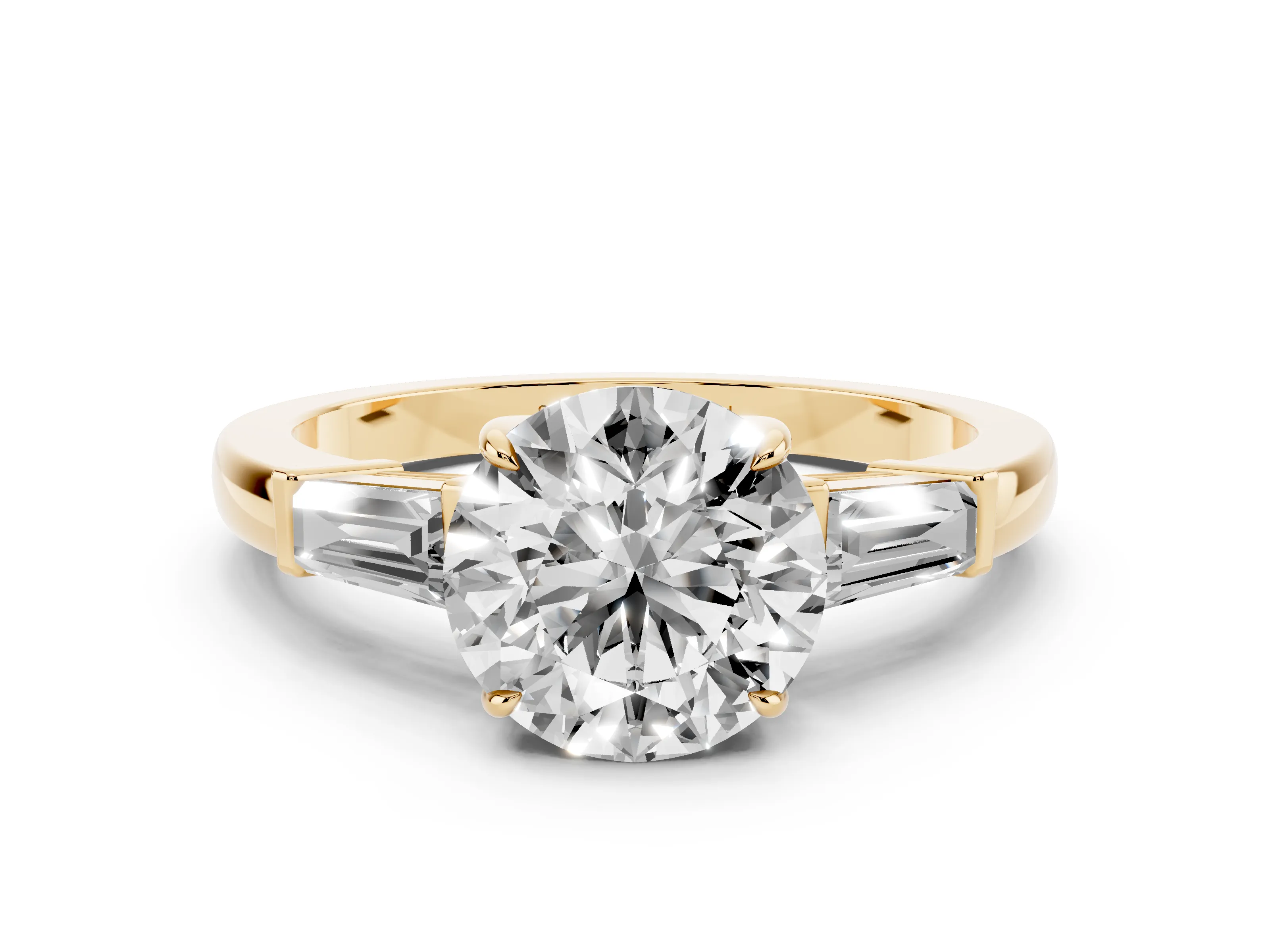 Round Cut Diamond Three-Stone Ring Set in Yellow gold with Tapered Baguette Side Stones and Prong Setting