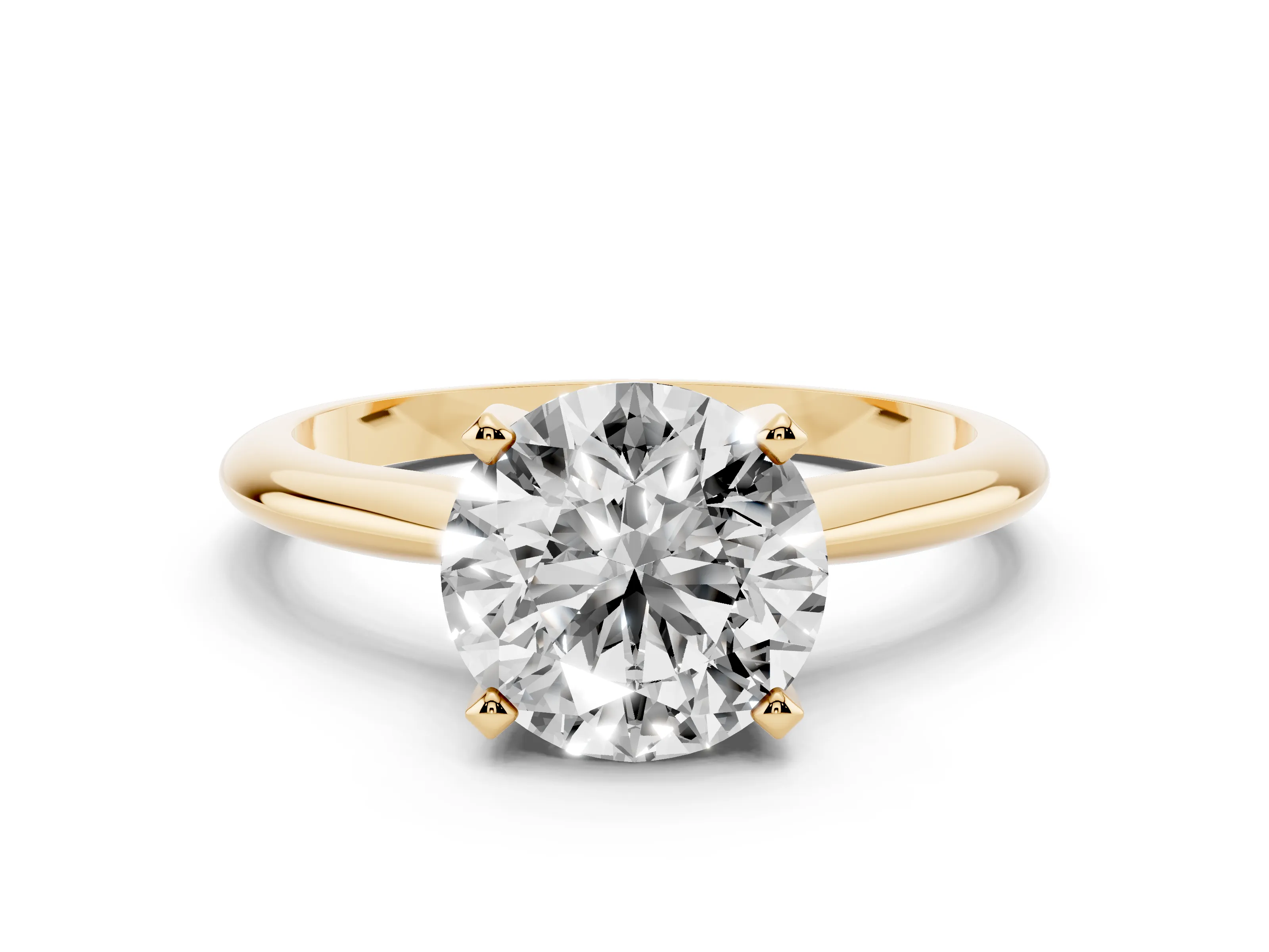 Round Cut Diamond Solitaire Ring Set in Yellow gold with Prong Setting on a Plain Round Band