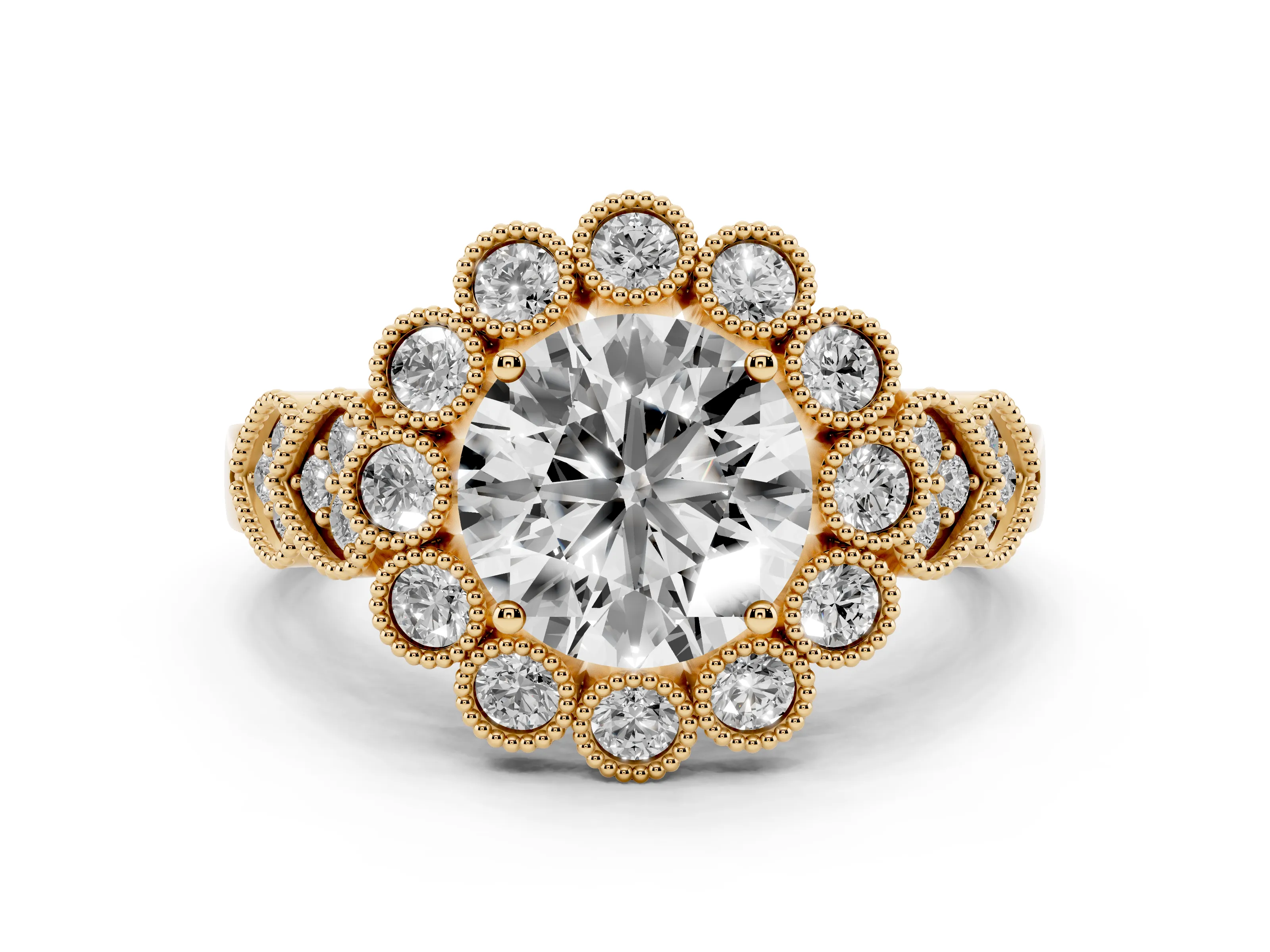 Round Cut Diamond Solitaire Ring Set in Yellow gold with Milgrain Pavé Heart Band