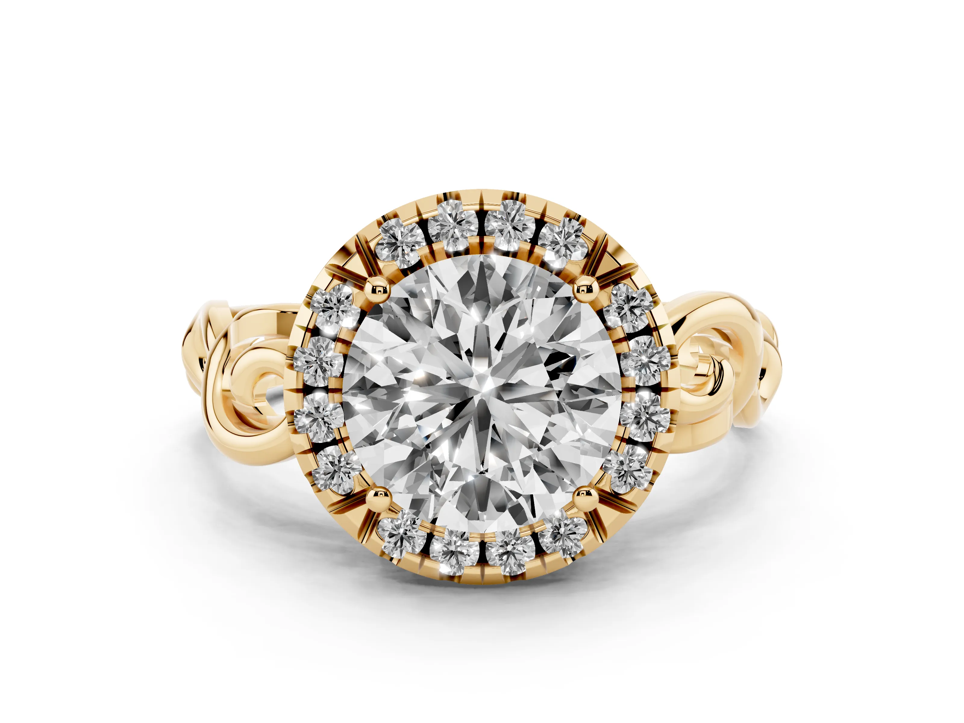Round Cut Diamond Halo Ring Set in Yellow gold with Scrollwork Band and Prong Setting