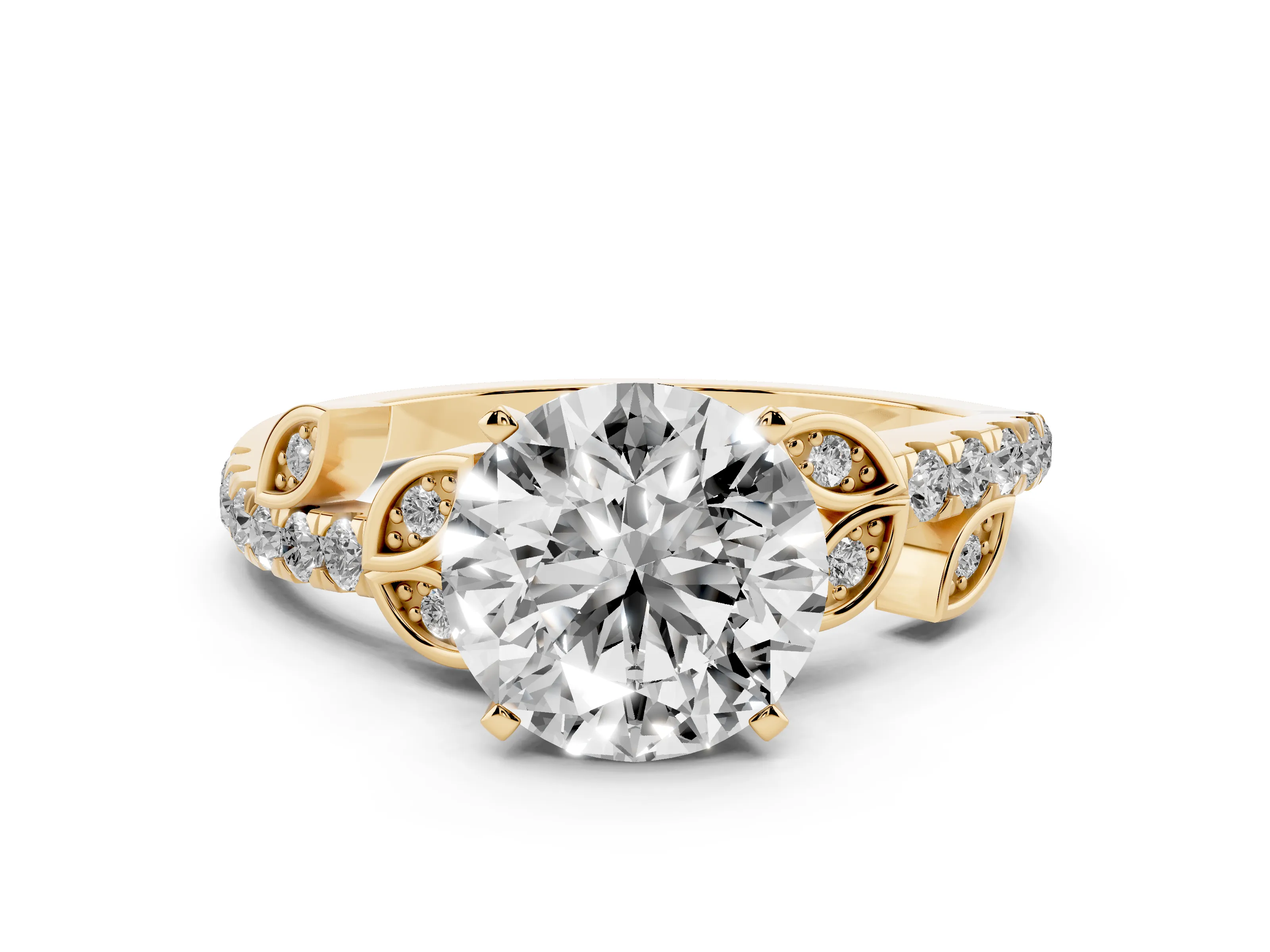 Round Cut Diamond Solitaire Leaf-Inspired Ring Set in Yellow gold with Pavé Band and Prong Setting