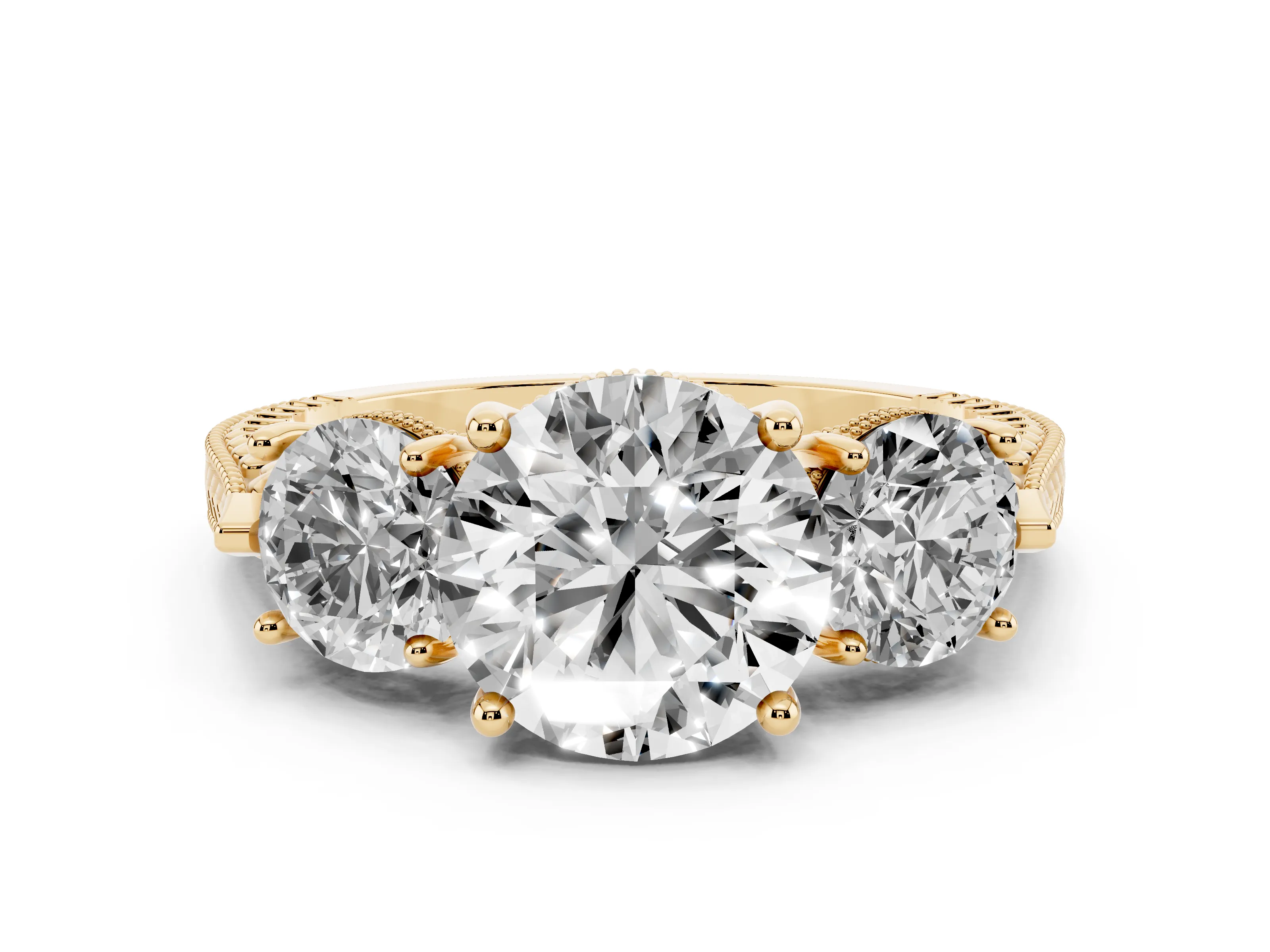 Round Cut Diamond Three-Stone Ring Set in Yellow gold with Milgrain Band