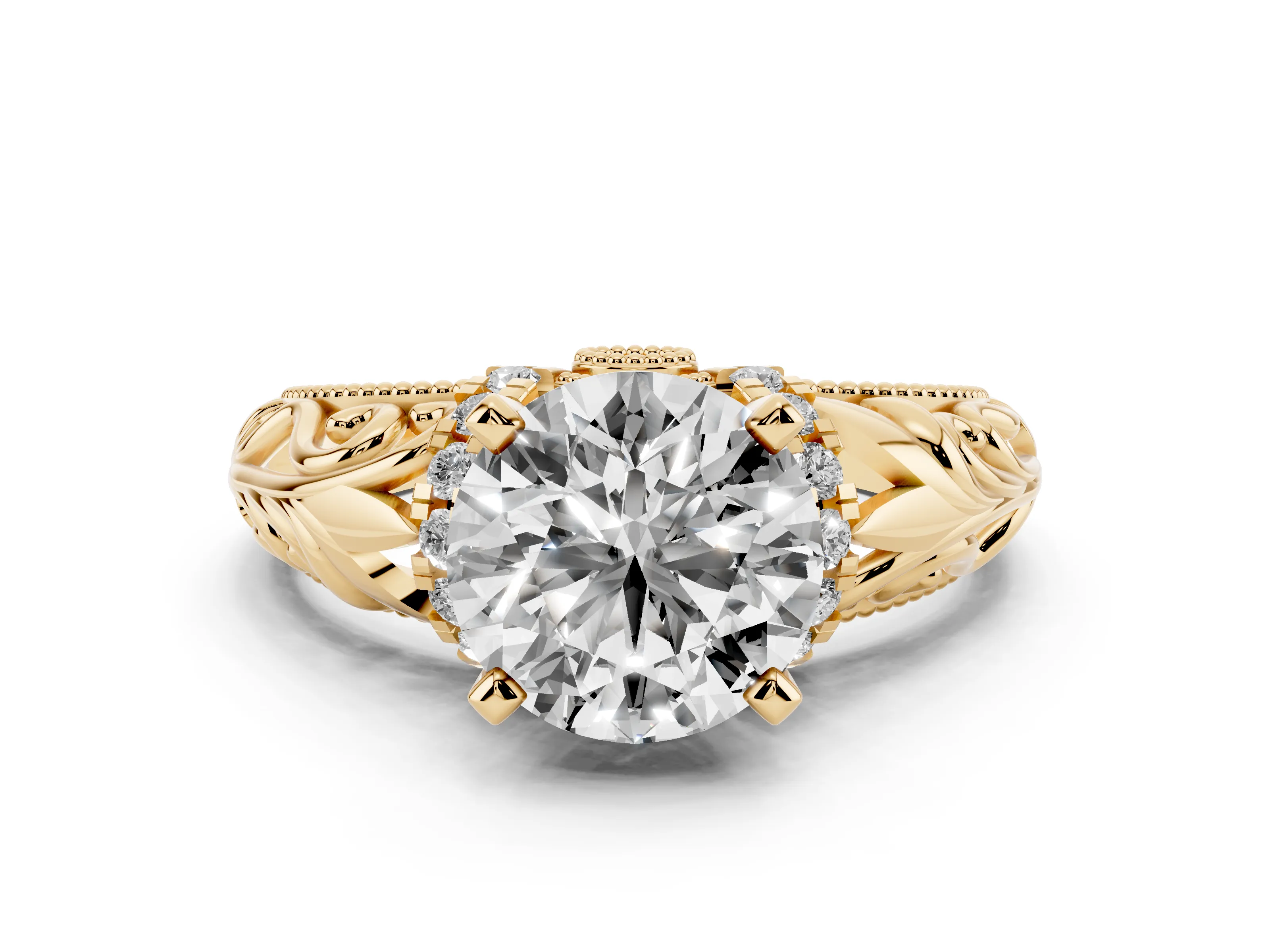 Round Cut Diamond Filigree Halo Engagement Ring Set in Yellow gold with Prong Setting