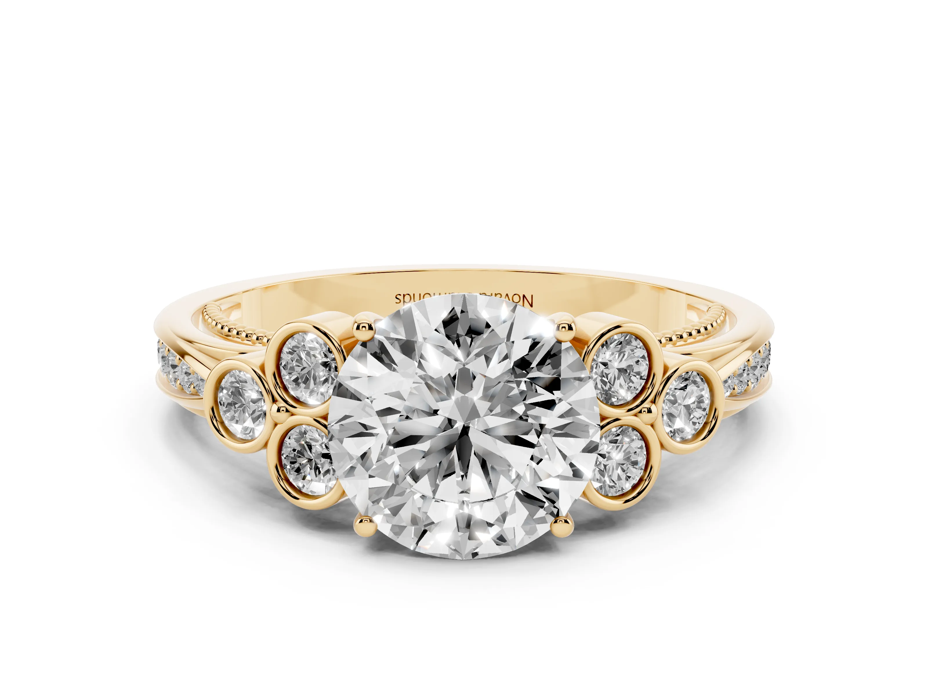 Round Cut Diamond Engagement Ring Set in Yellow gold with Bezel Set Round Side Stones and Prong Setting