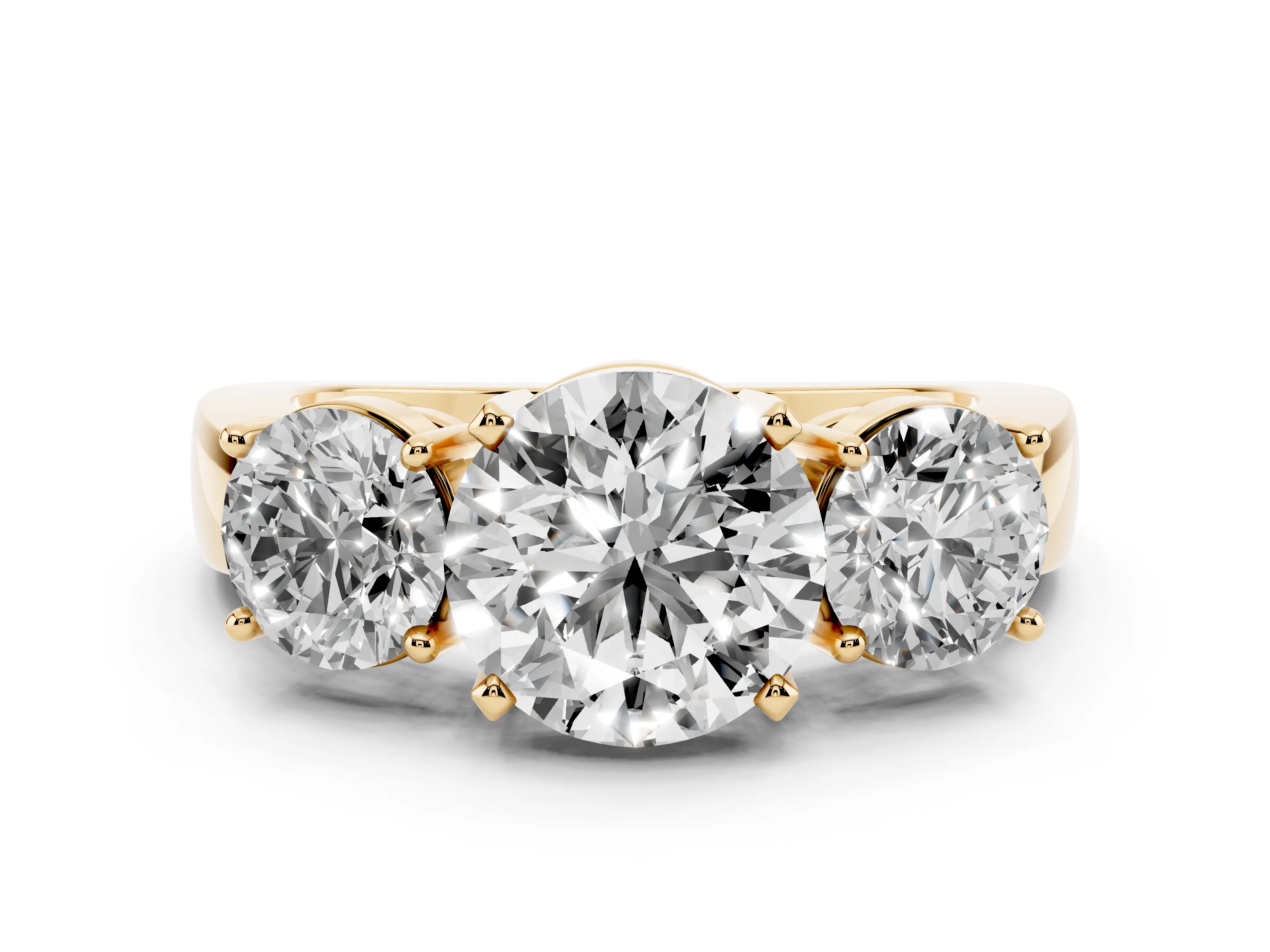 Round Cut Diamond Three-Stone Ring Set in Yellow gold with Round Side Stones and Classic Band
