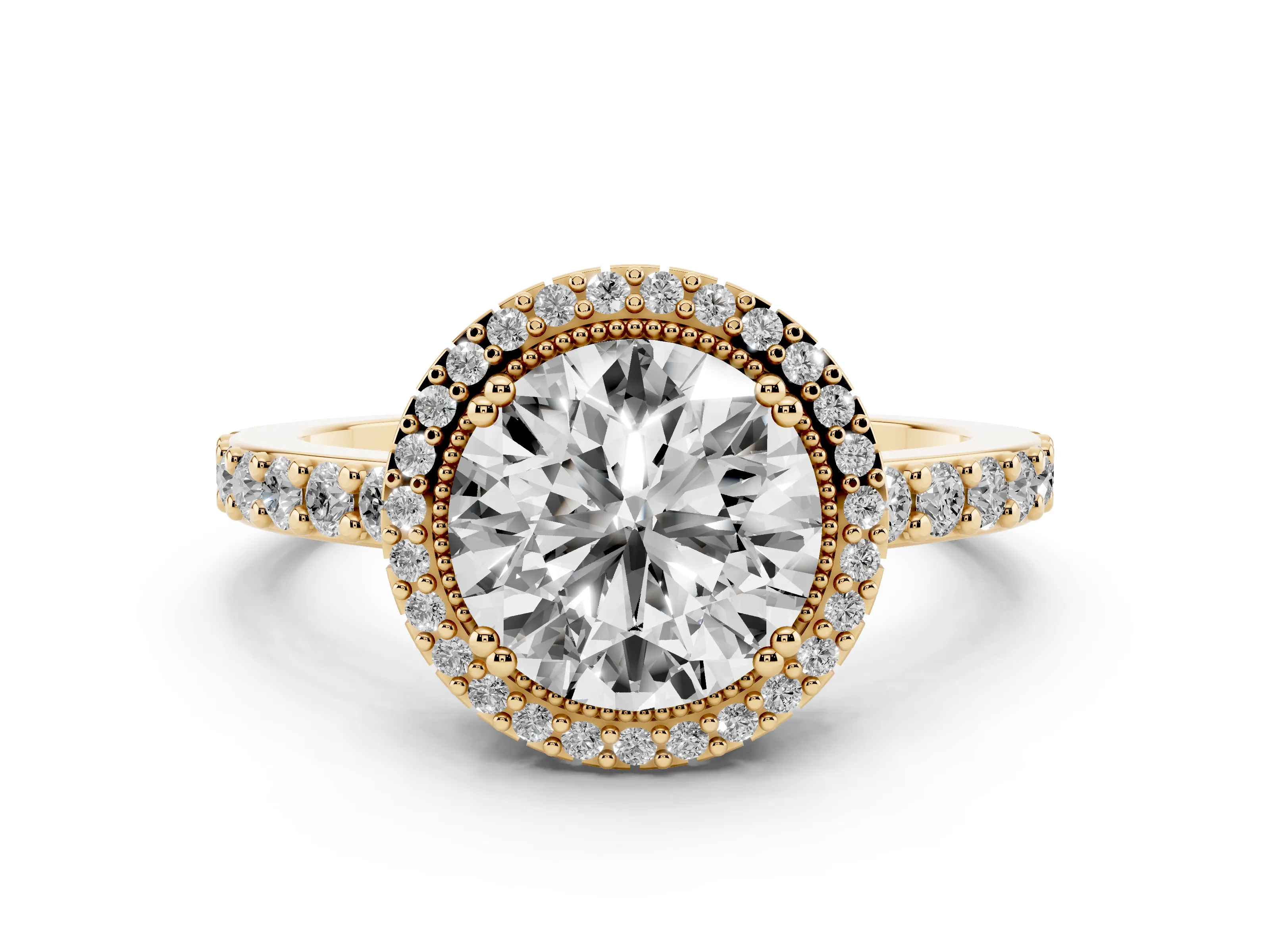 Round Cut Diamond Halo Engagement Ring Set in Yellow gold with Milgrain Detail and Pavé Band
