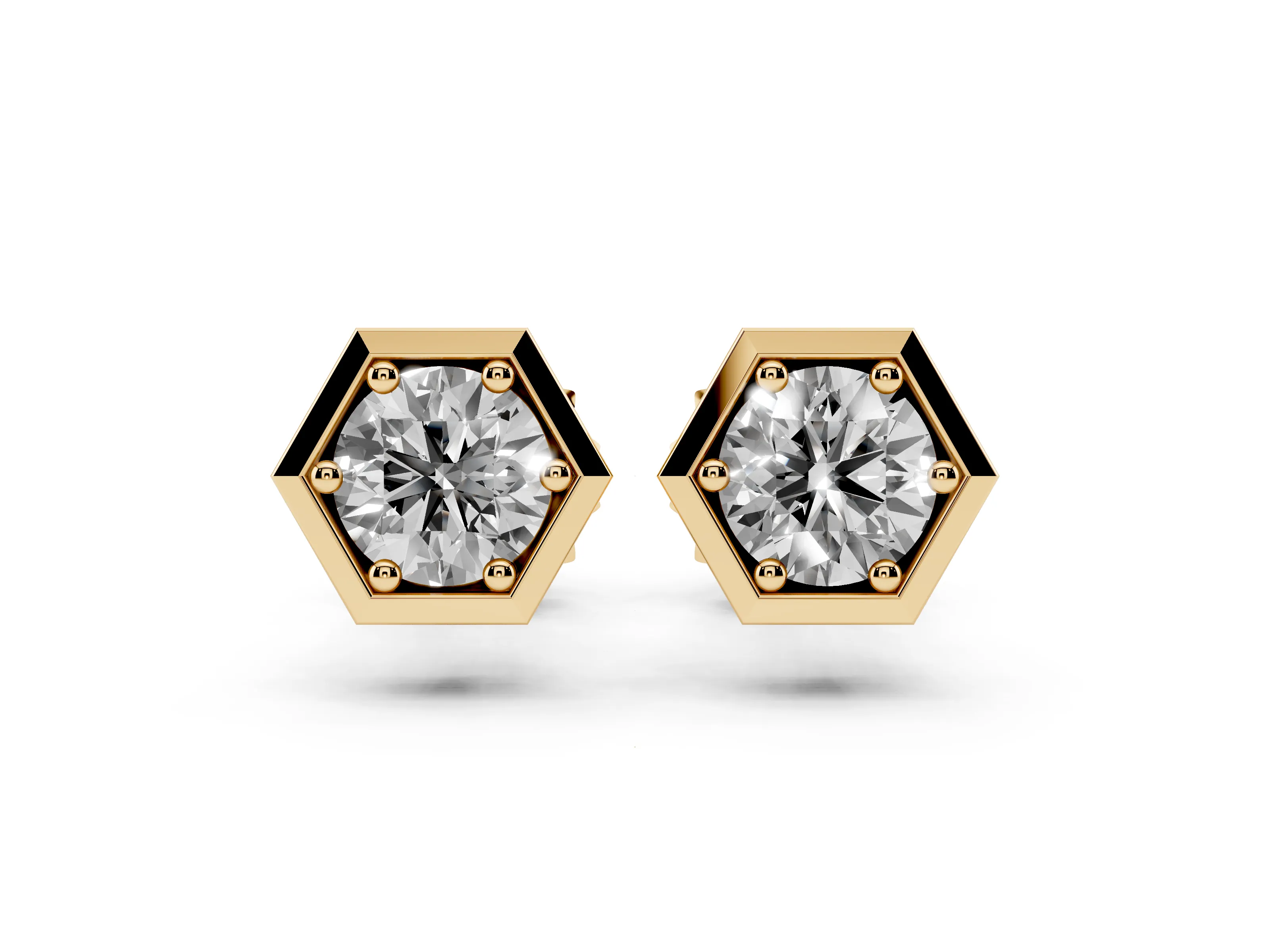 Round Lab-Grown Diamond Hexagon Frame Stud Earrings | Prong Set Solitaire | Yellow Gold