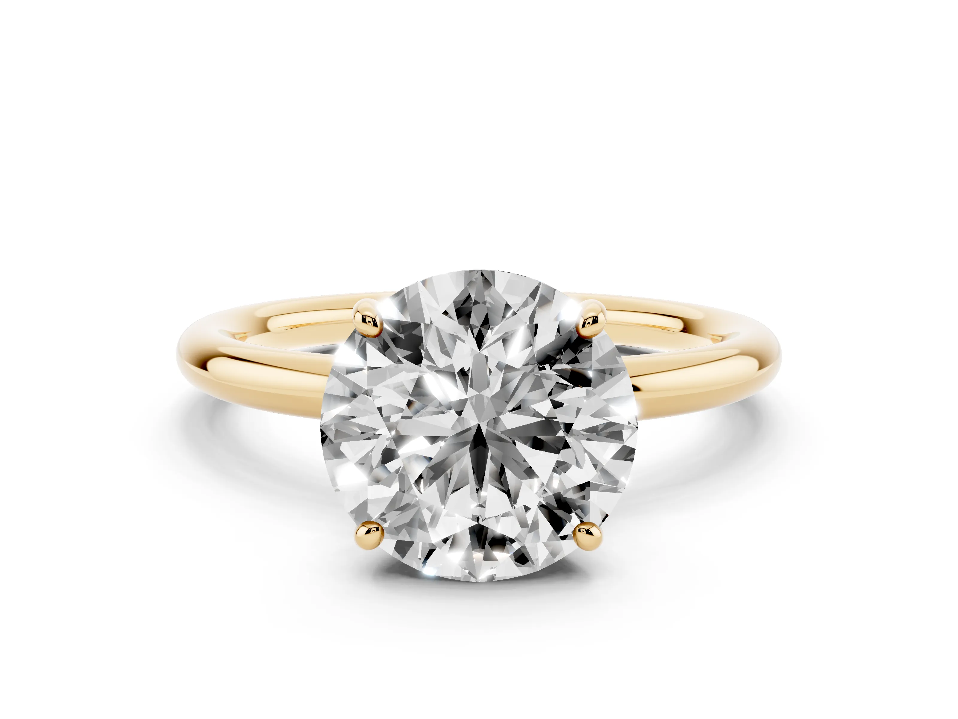 Round Cut Diamond Solitaire Ring Set in Yellow gold with Prong Setting on a Polished Plain Band