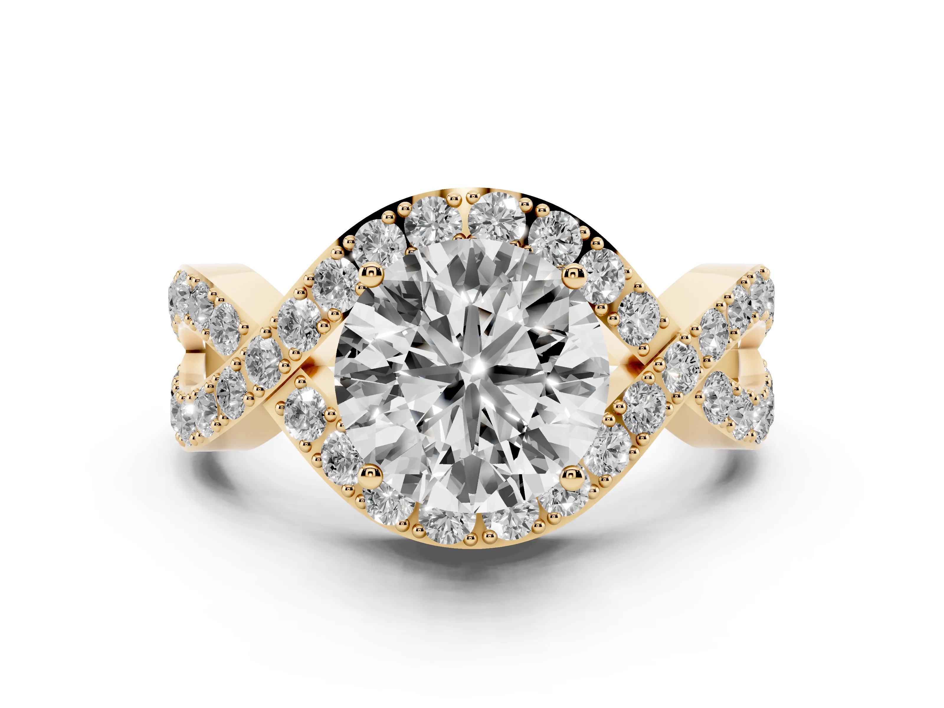 Round Cut Diamond Solitaire Twist Band Pavé Engagement Ring Set in Yellow gold