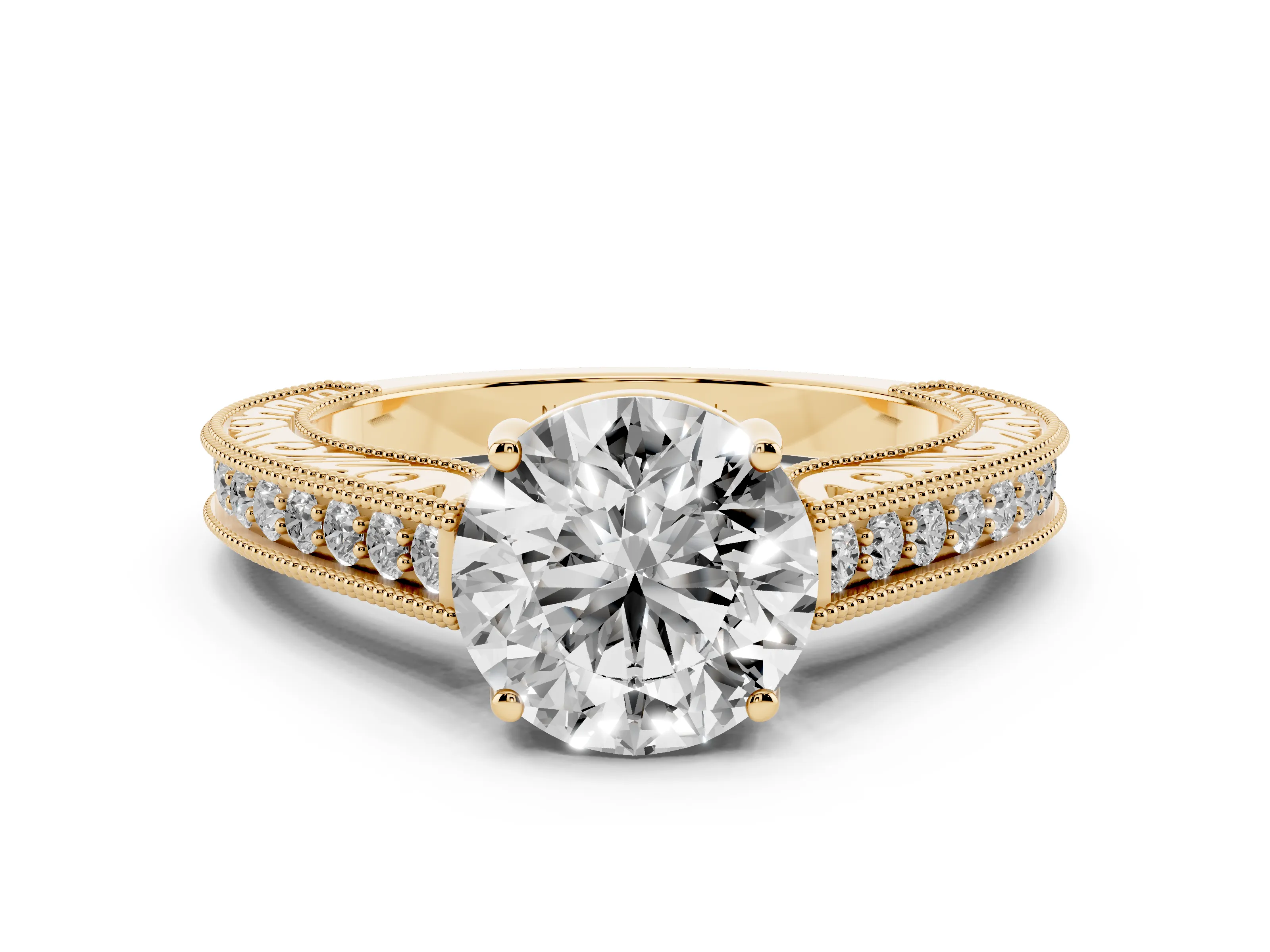 Round Cut Diamond Milgrain Pavé Band Solitaire Ring Set in Yellow gold with Prong Setting