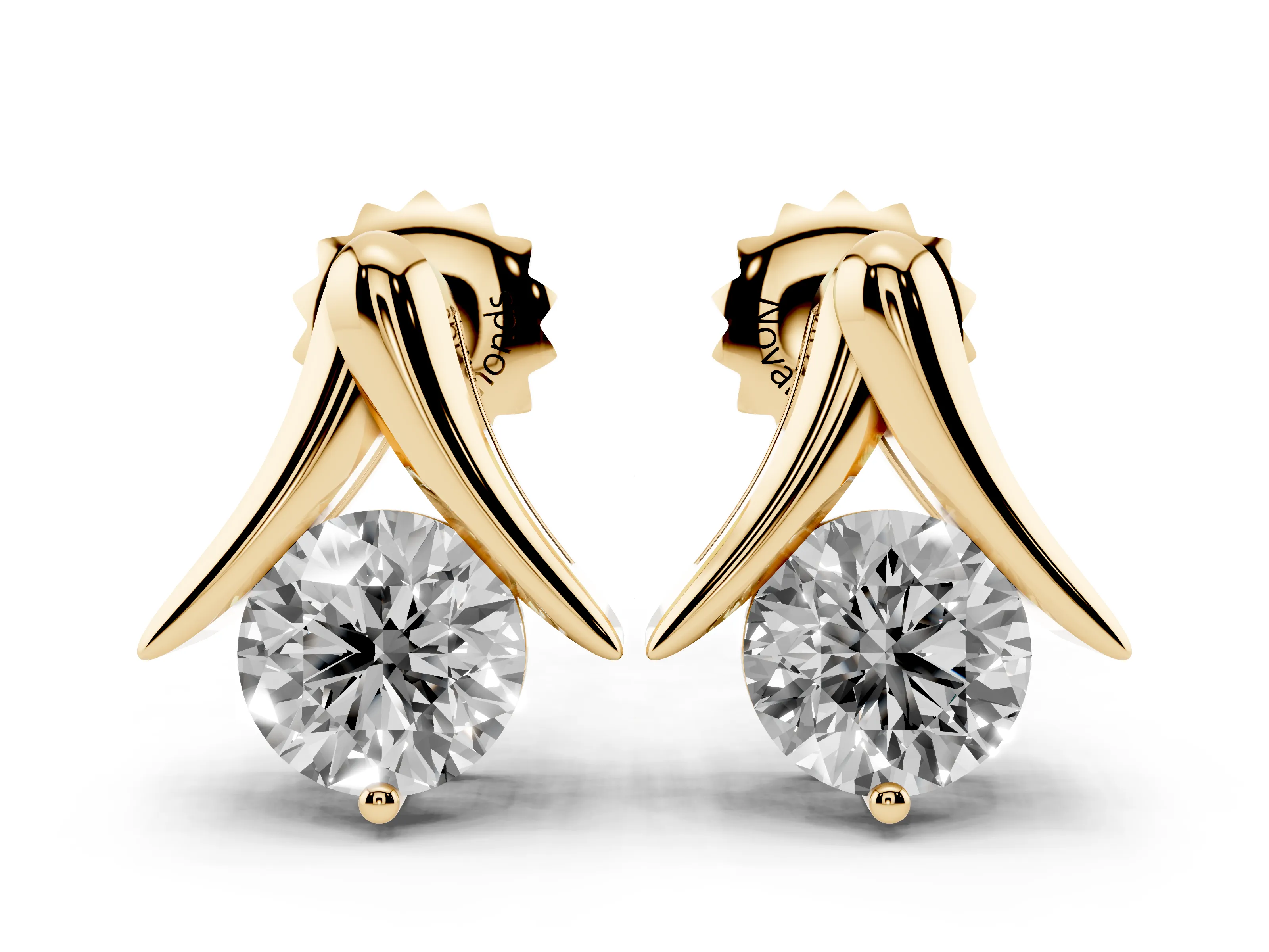 Round Diamond Inverted V Stud Earrings Set in Yellow gold