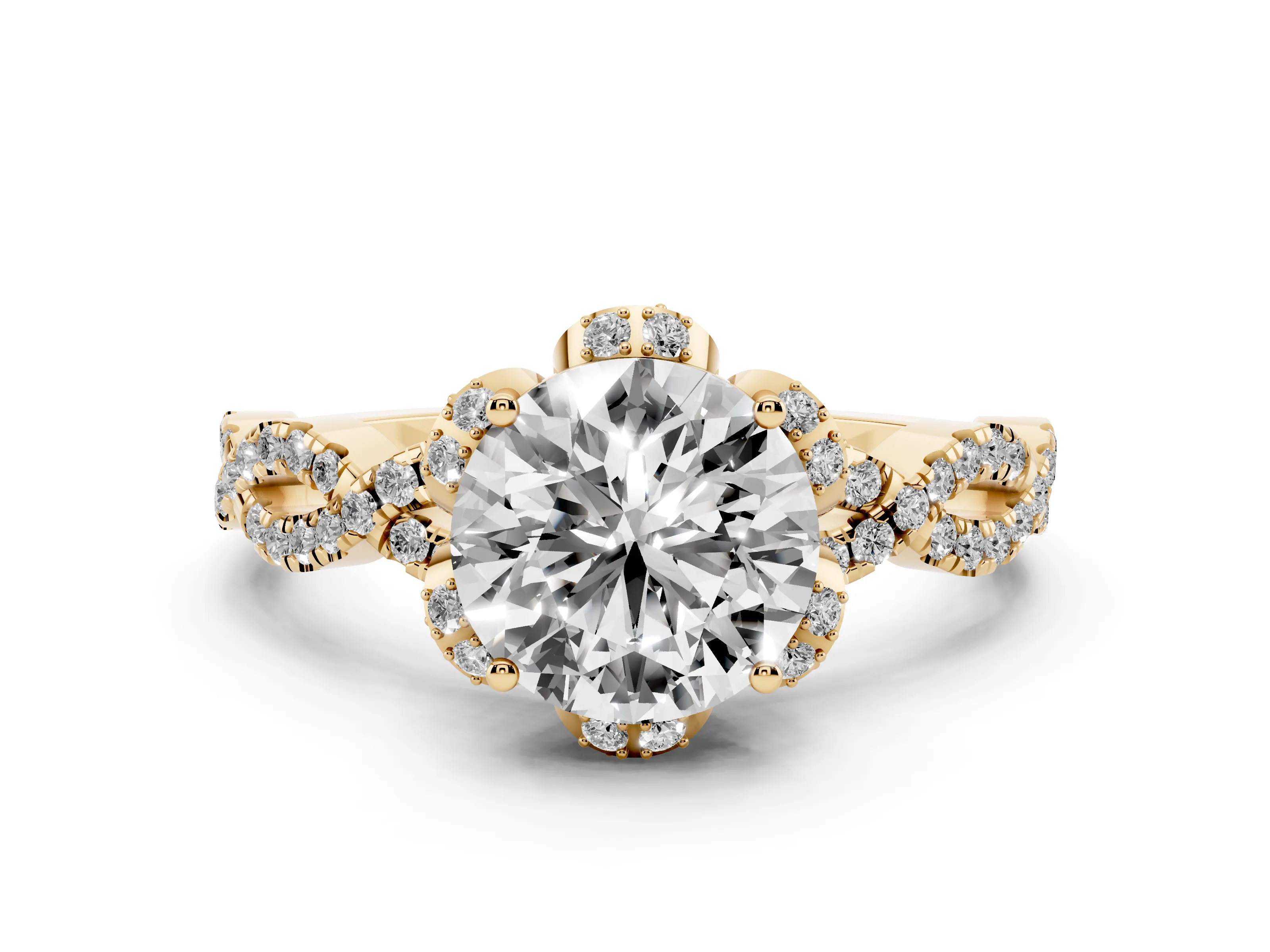 Round Cut Diamond Halo Twist Band Solitaire Ring Set in Yellow gold with Prong-Set Center Stone