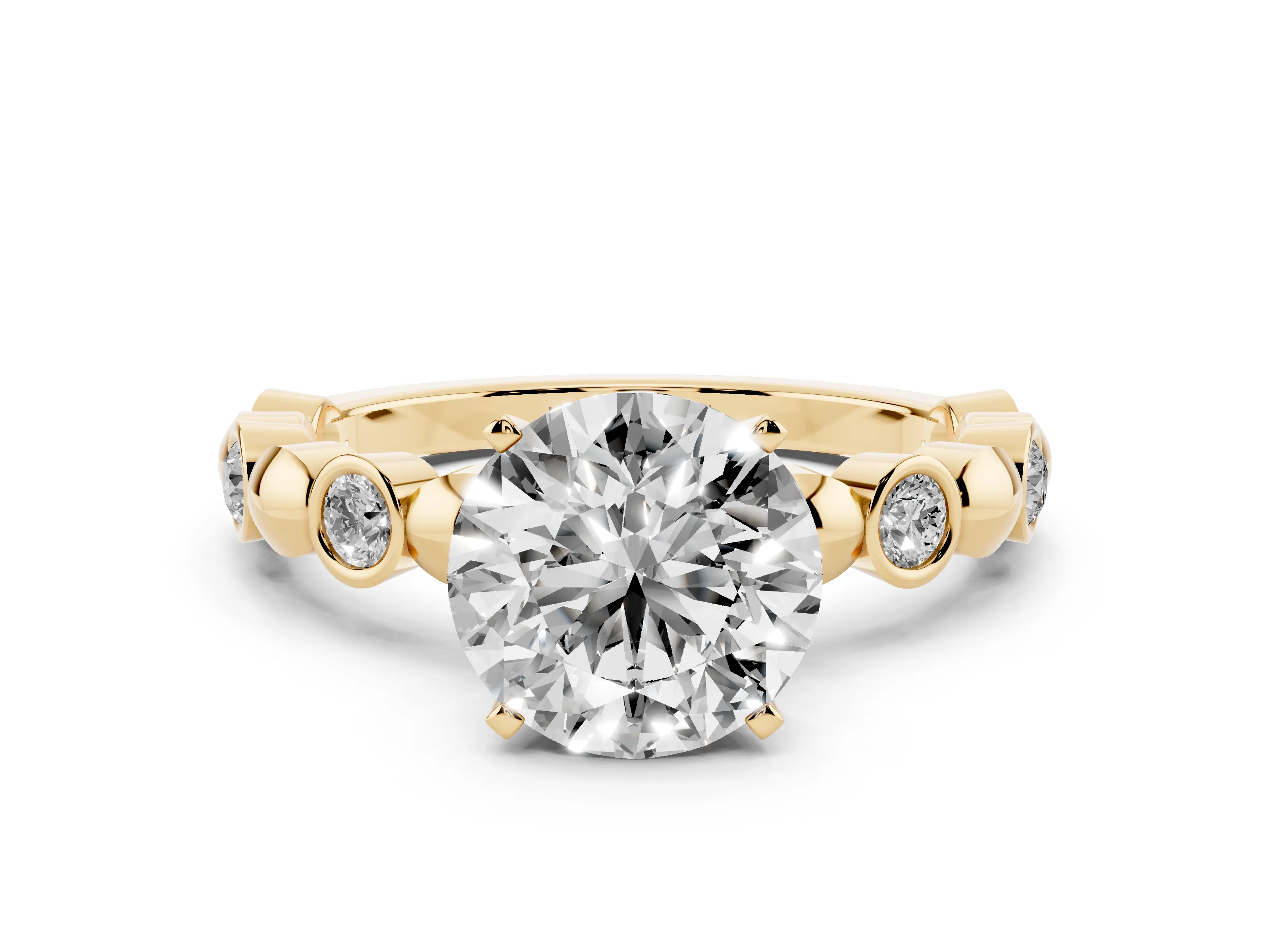 Round Cut Diamond Solitaire Ring Set in Yellow gold with Bezel-Set Accents on Beaded Band and Prong Setting