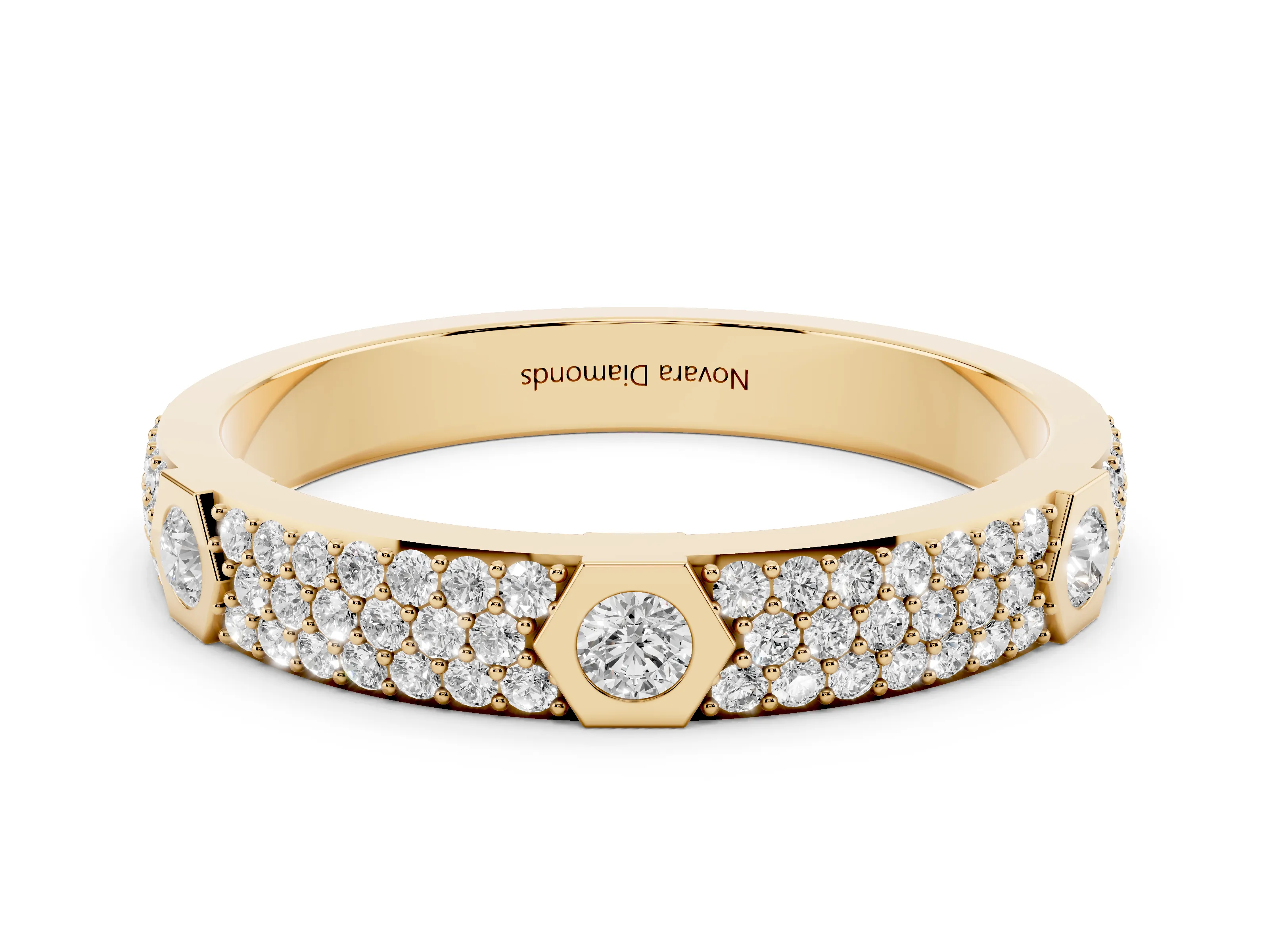 Round Diamond Pavé Promise Ring Set in Yellow gold with Round Accent Stations