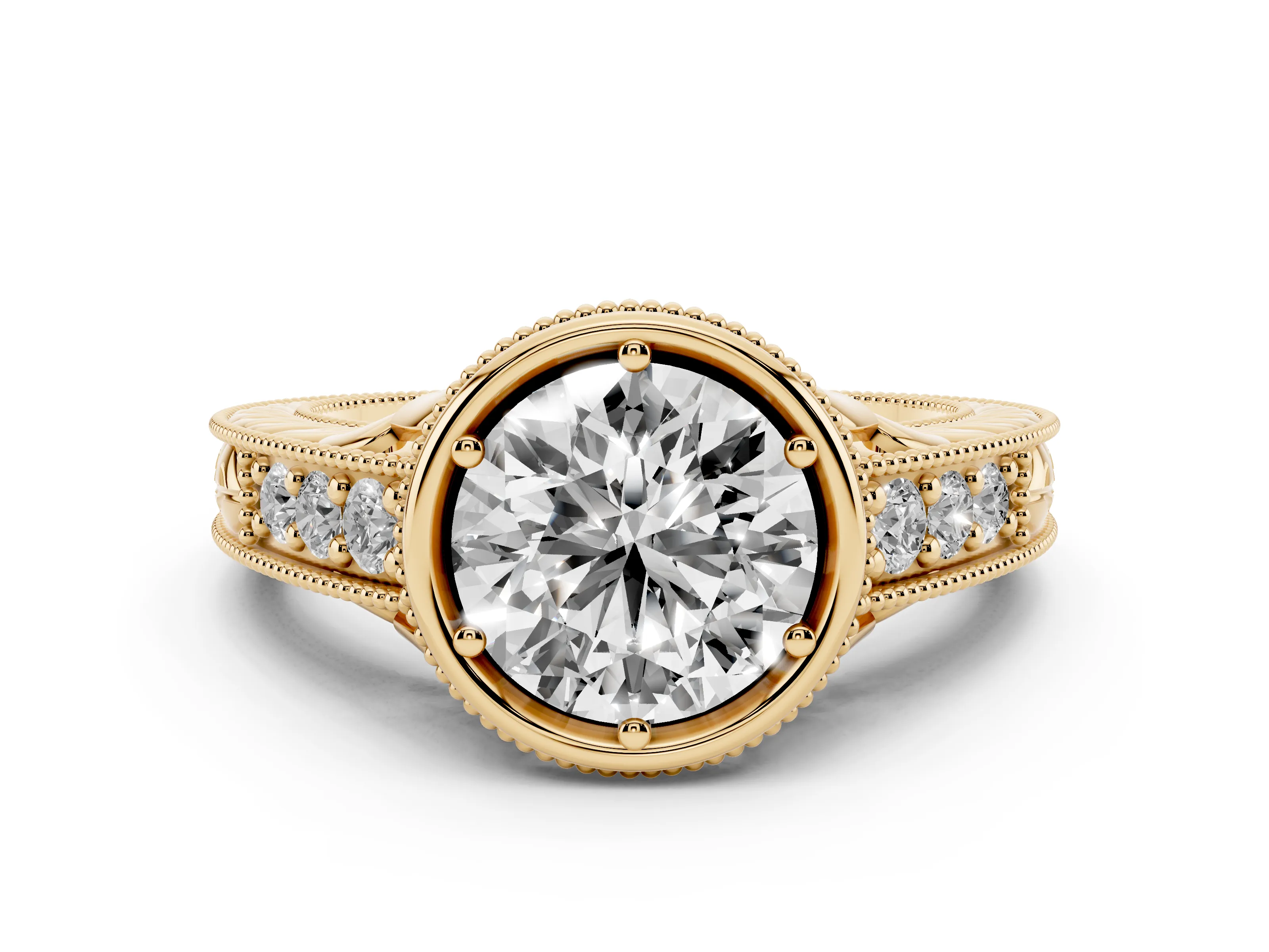 Bezel Set Round Cut Diamond Milgrain Pavé Engagement Ring Set in Yellow gold