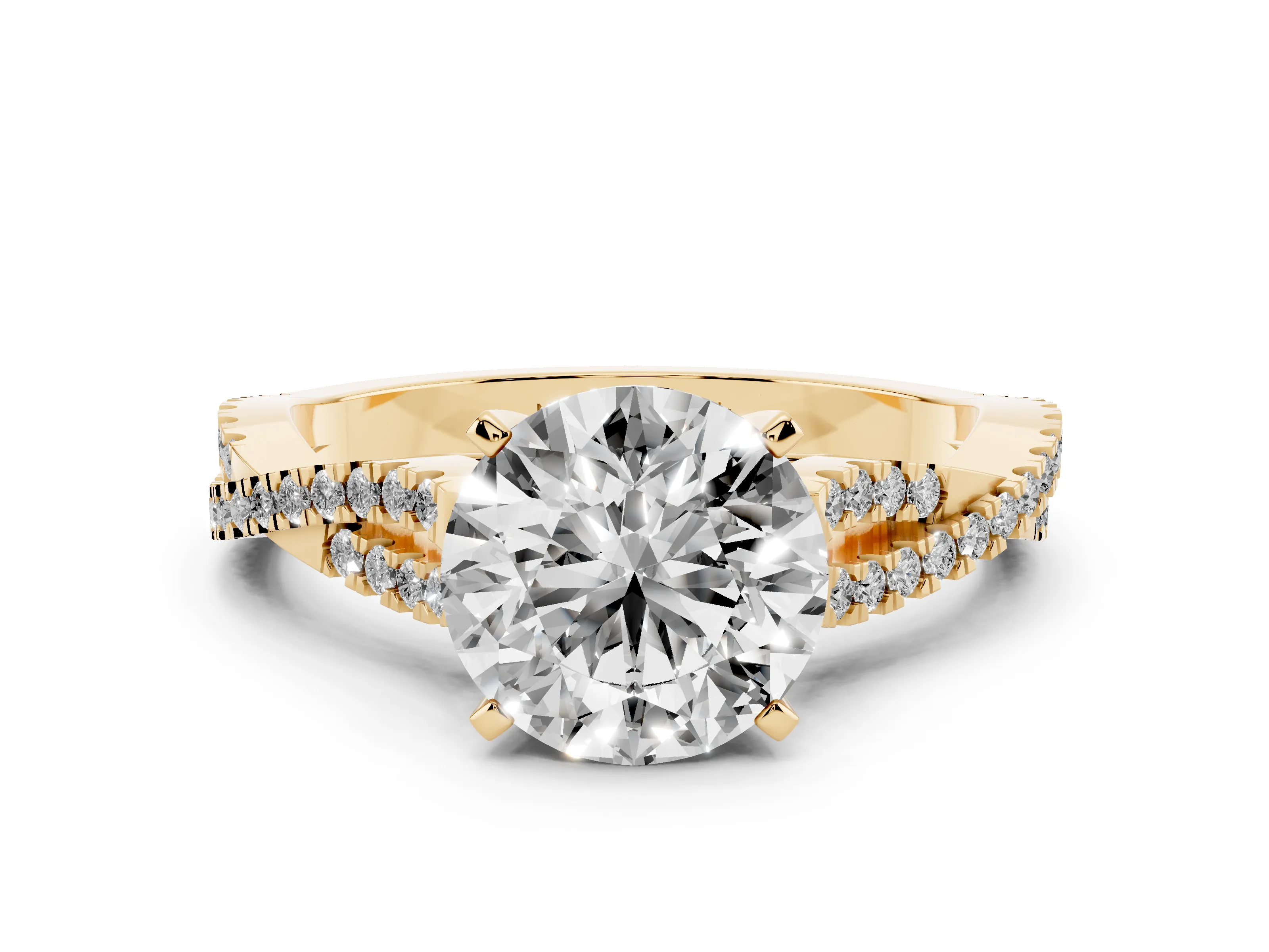 Round Cut Diamond Solitaire Engagement Ring Set in Yellow gold with Twisted Pavé Band and Prong Setting
