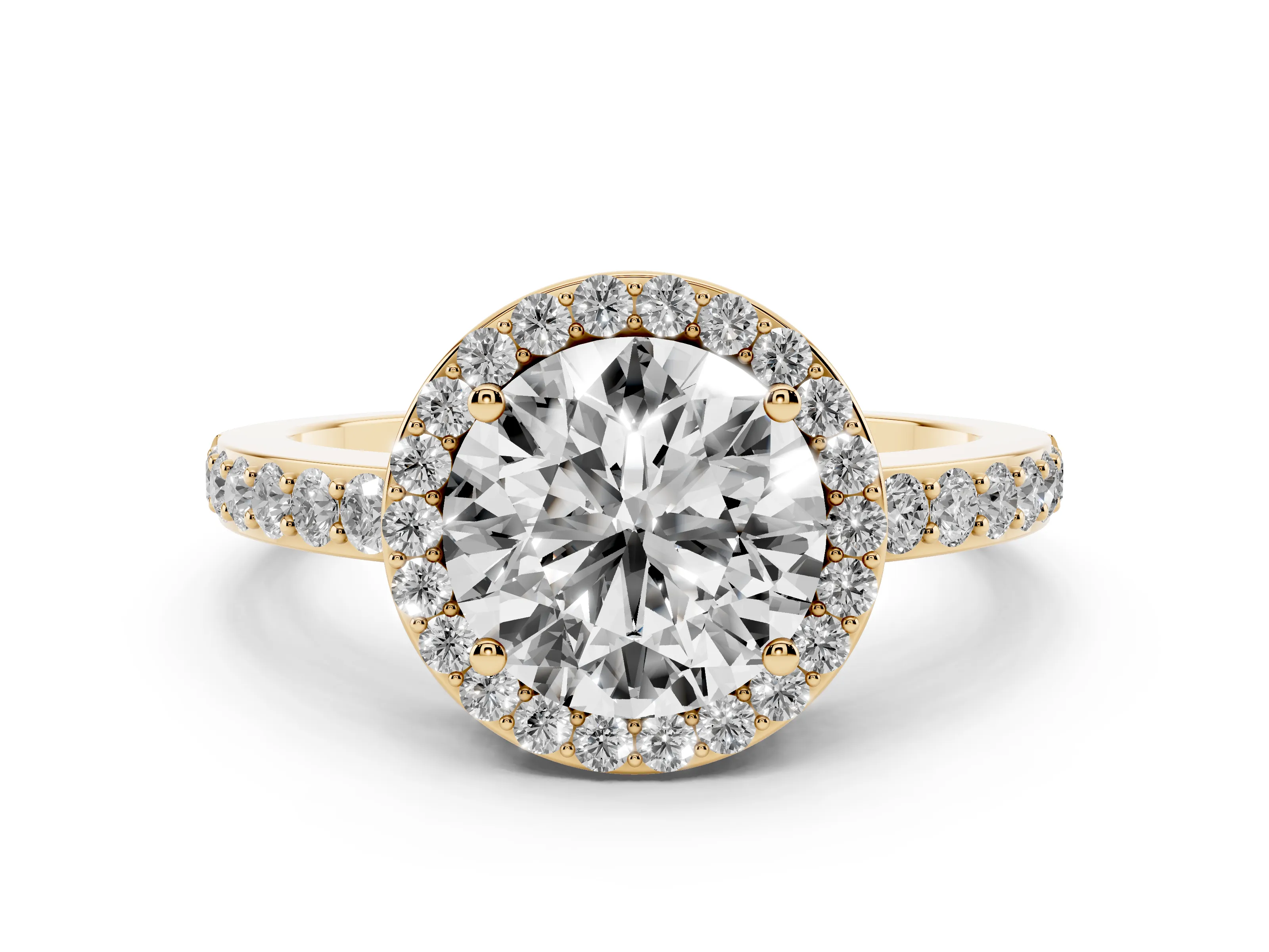 Round Cut Diamond Halo Ring Set in Yellow gold with Pavé-Setting Band and Open Prong Center