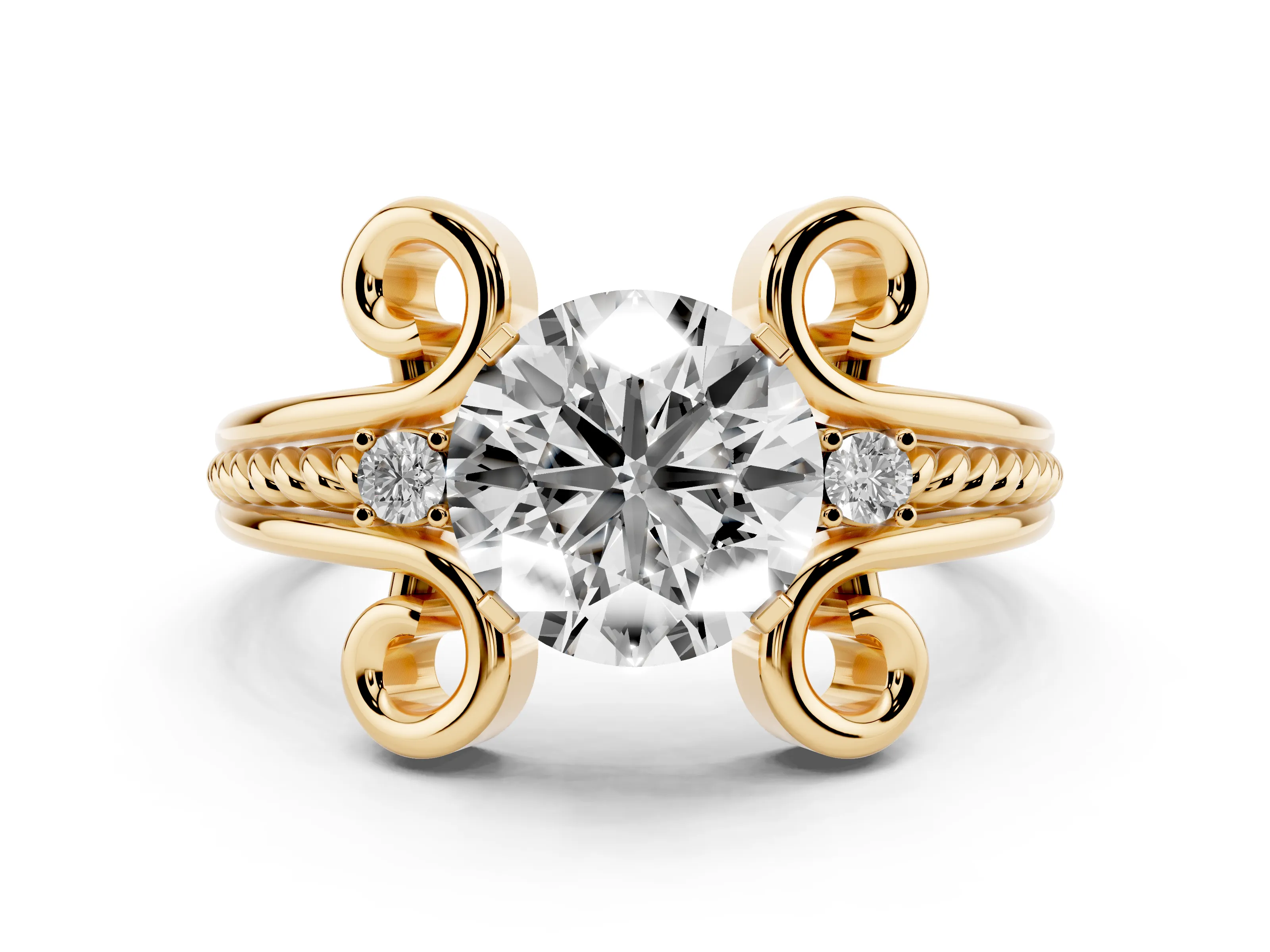 Round Cut Diamond Twisted Band Solitaire Ring Set in Yellow gold with Scroll Prongs