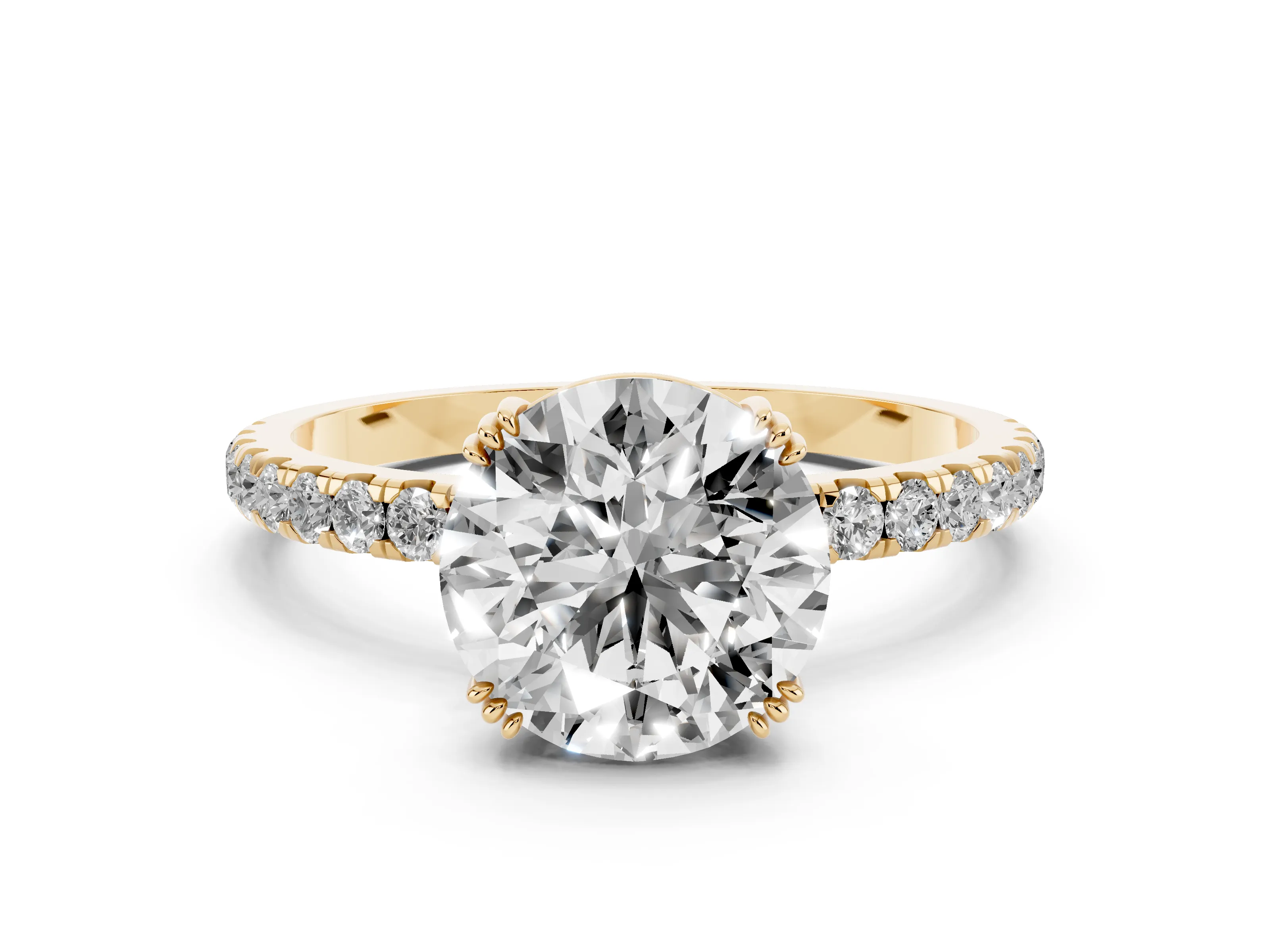 Round Cut Diamond Brilliant Solitaire Set in Yellow gold with Pavé Band and Claw Prong Setting