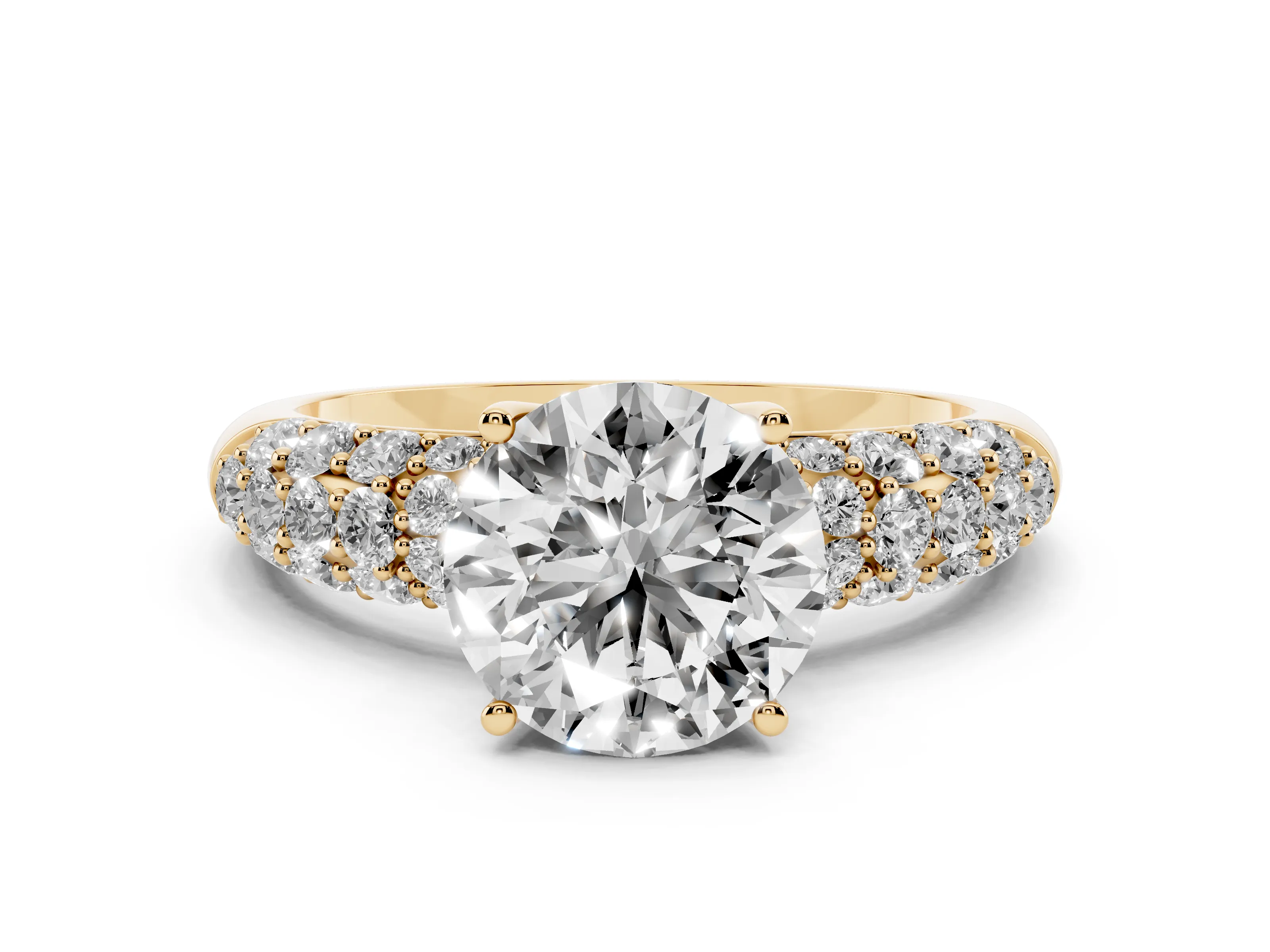 Round Cut Diamond Pavé Band Solitaire Ring Set in Yellow gold with Close-Set Accent Stones and Prong Setting