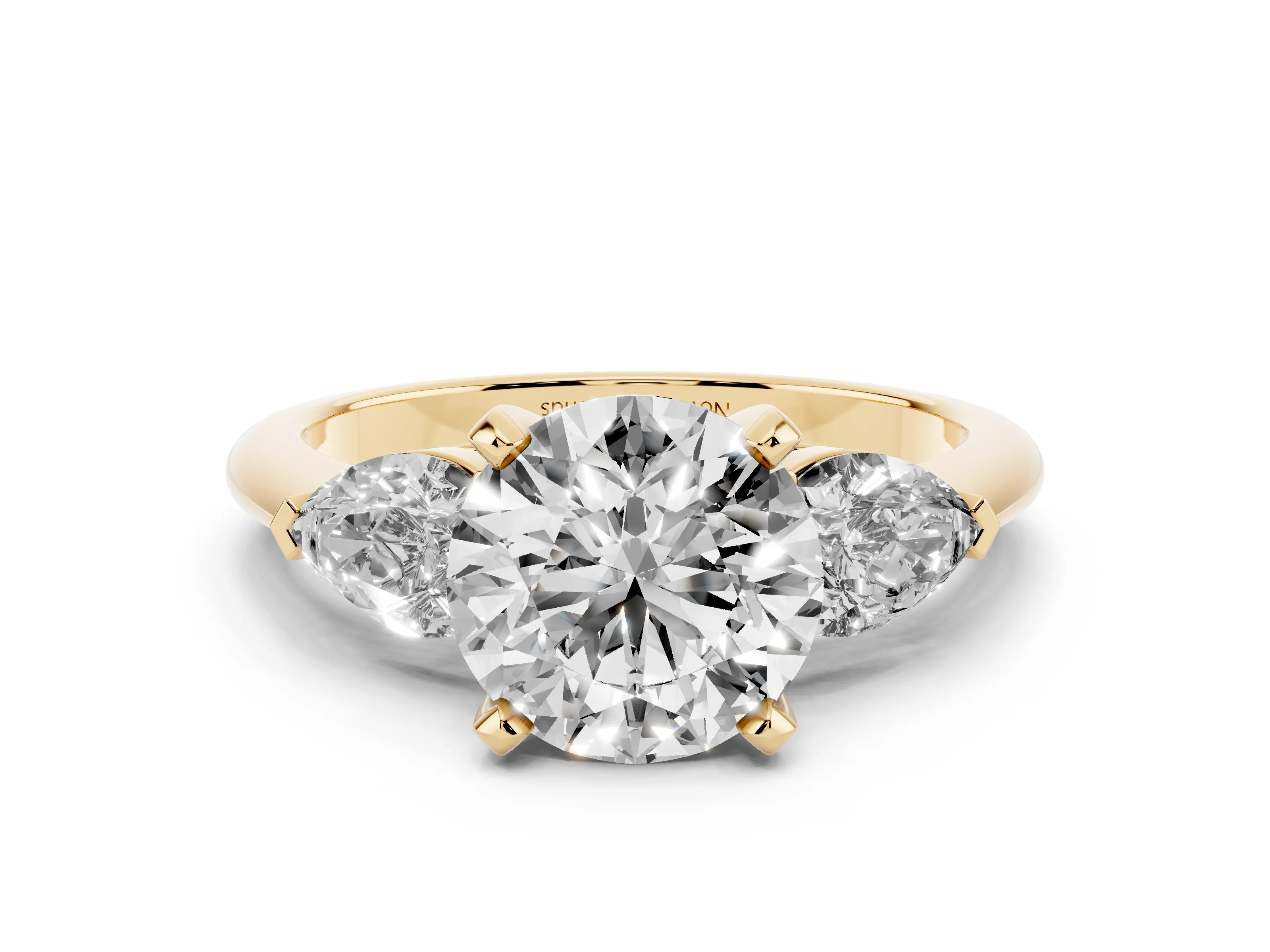 Three-Stone Round Cut Diamond Ring Set in Yellow gold with Pear Side Stones and Prong Setting