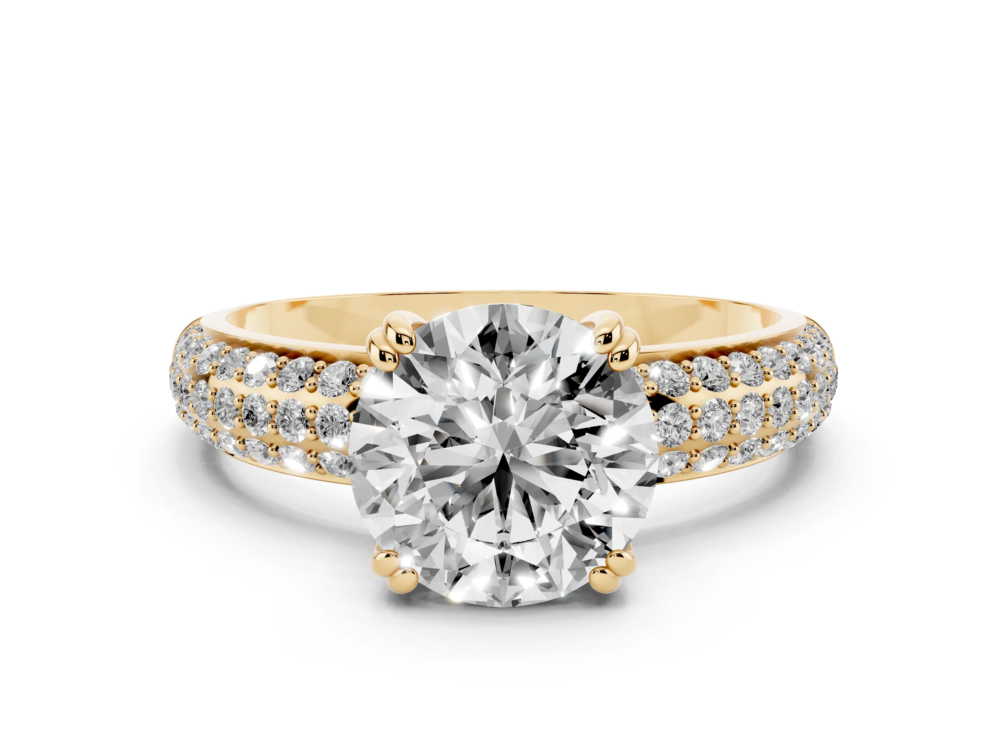 Round Cut Diamond Solitaire Ring Set in Yellow gold with Multi-Row Round Pavé Band and Prong Setting