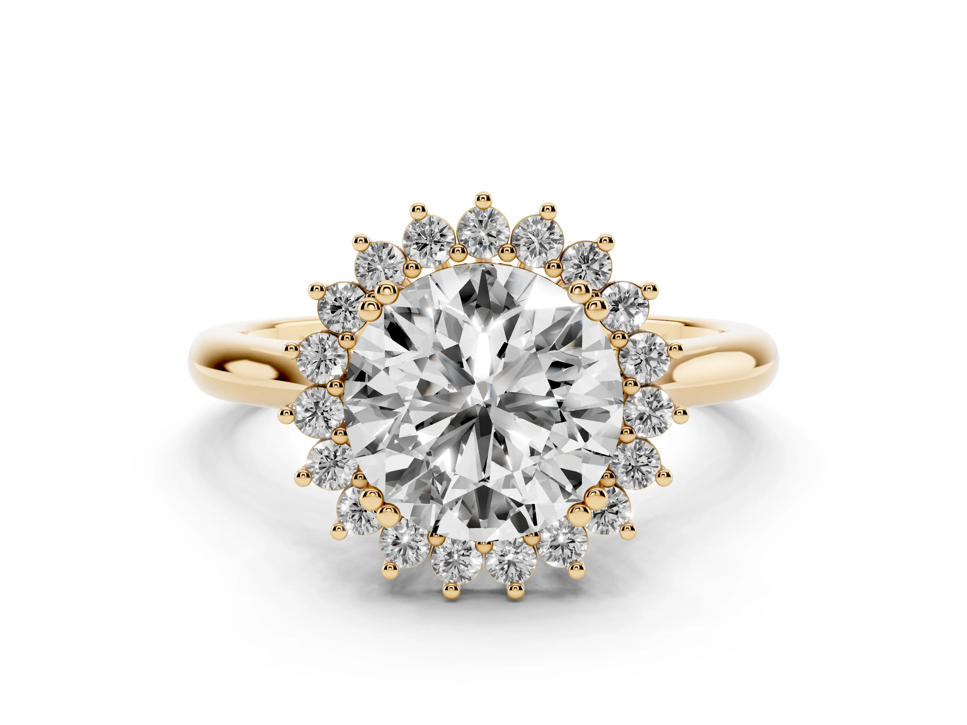 Round Cut Diamond Halo Ring Set in Yellow gold with Plain Solitaire Band and Prong Setting