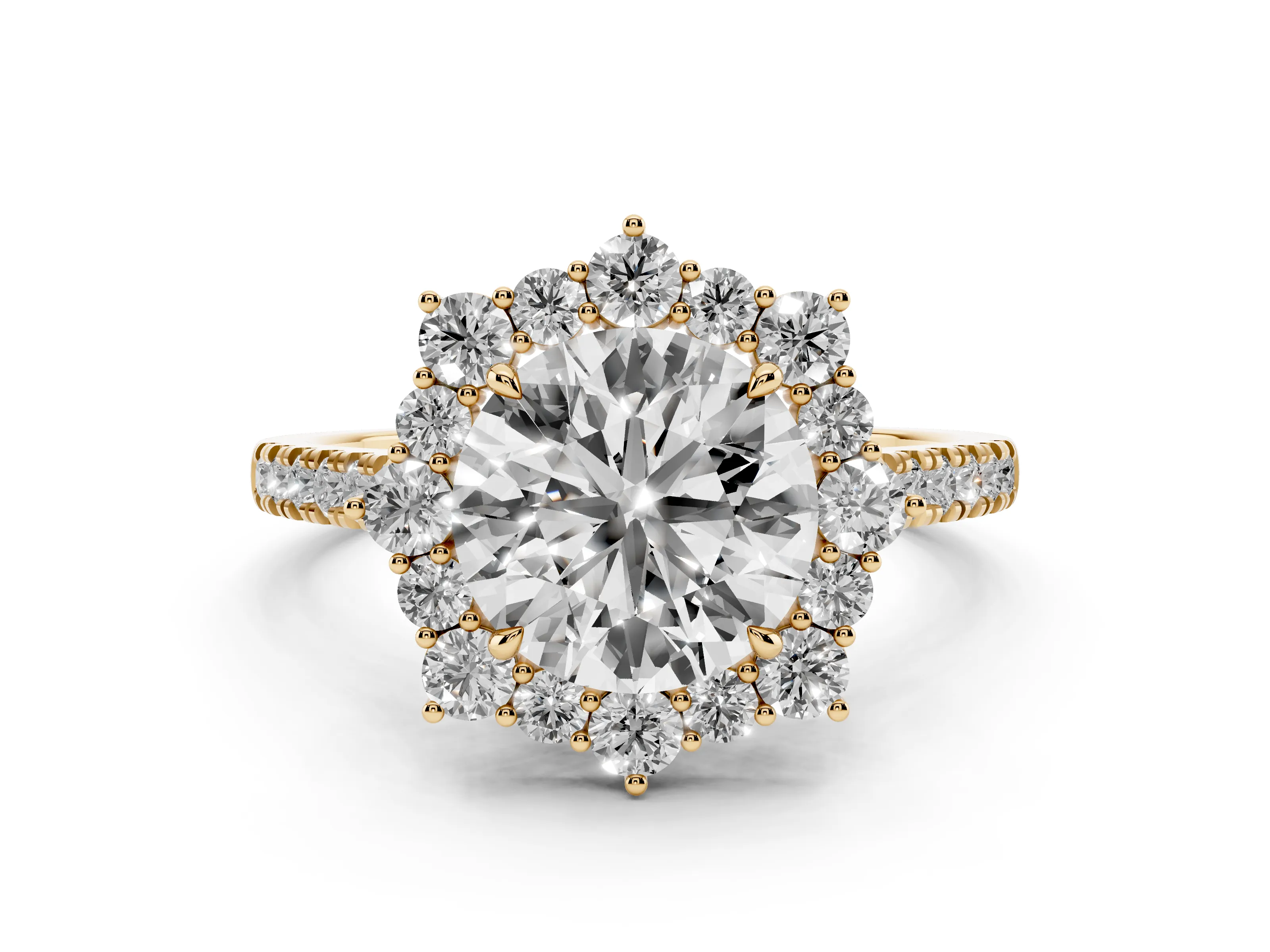 Round Cut Diamond Halo Ring Set in Yellow gold with Pavé Band and Prong Setting