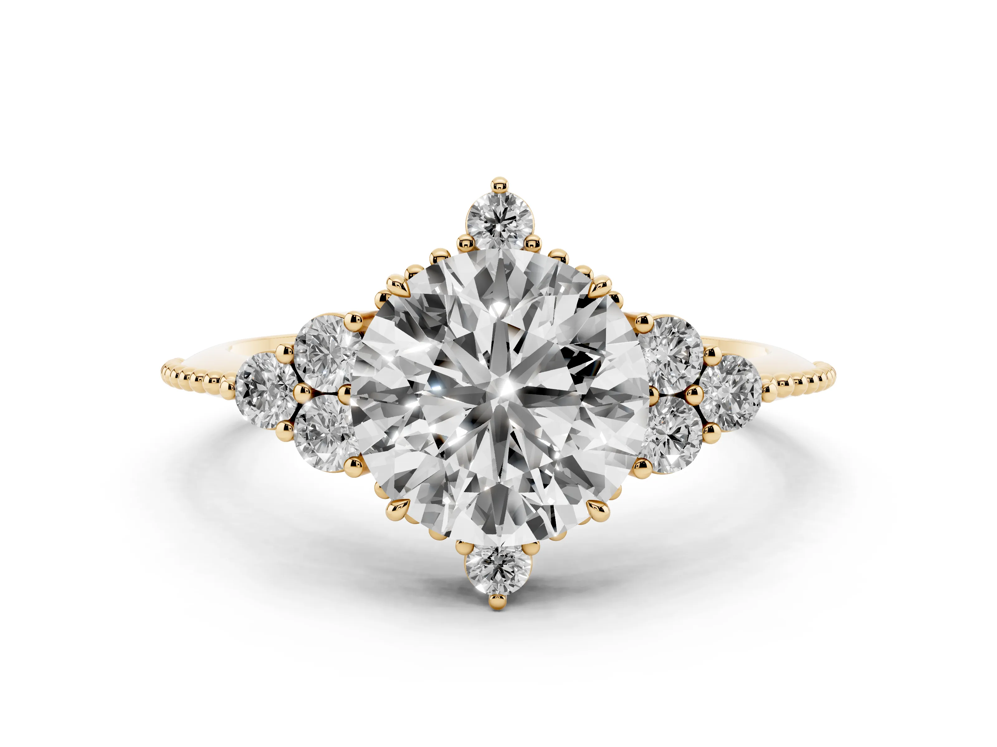 Round Cut Diamond Cluster Ring Set in Yellow gold with Beaded Band