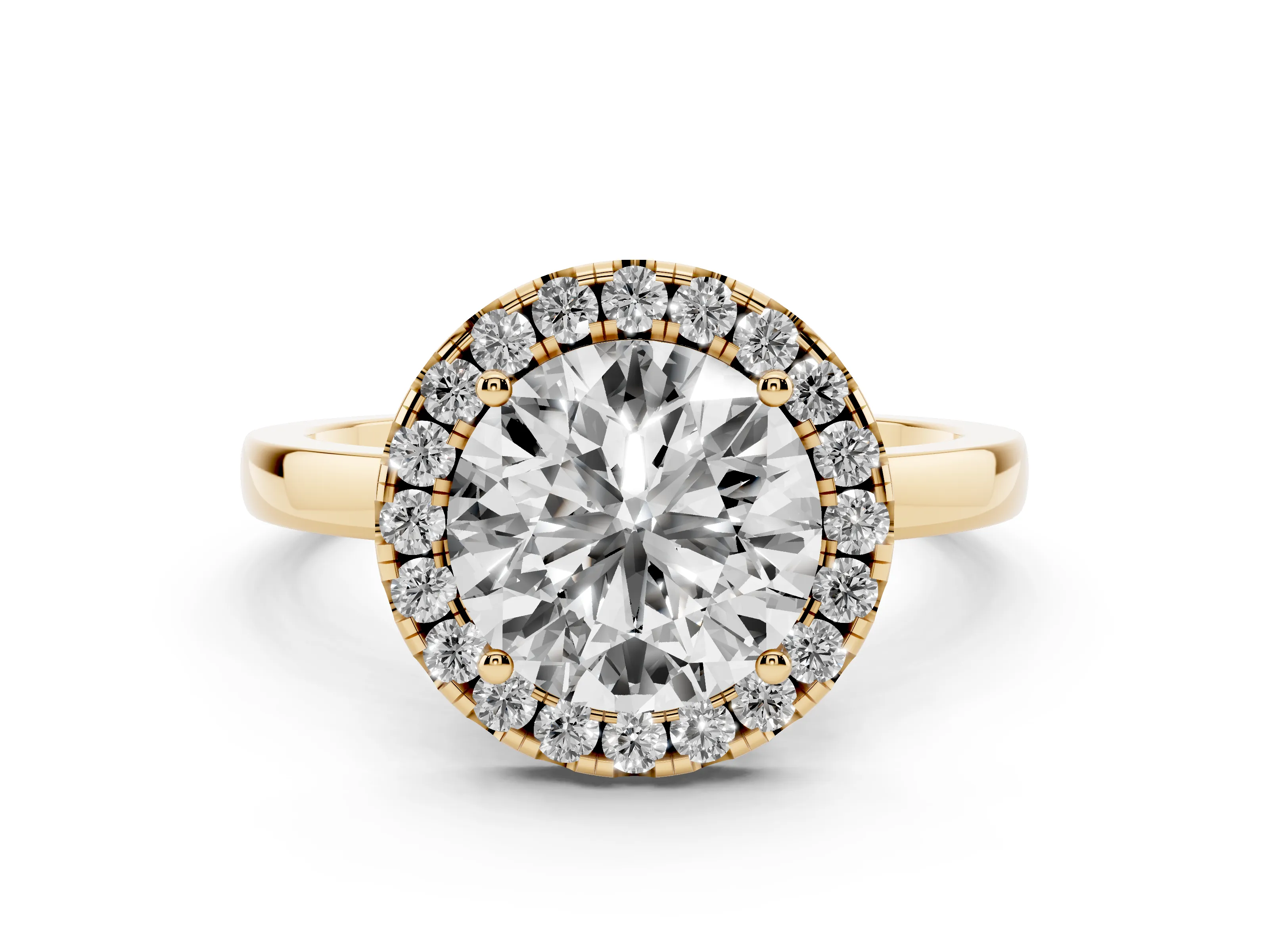 Round Cut Diamond Halo Solitaire Ring Set in Yellow gold with Pavé Band and Prong Setting