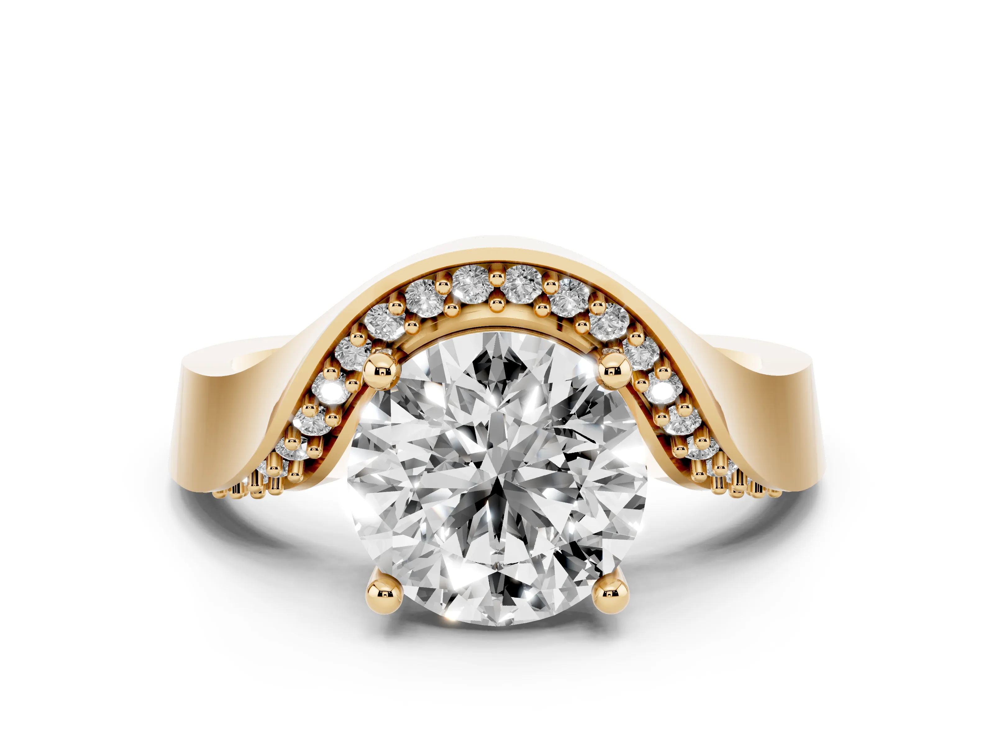 Round Cut Diamond Solitaire Engagement Ring Set in Yellow gold with Pavé Shoulders