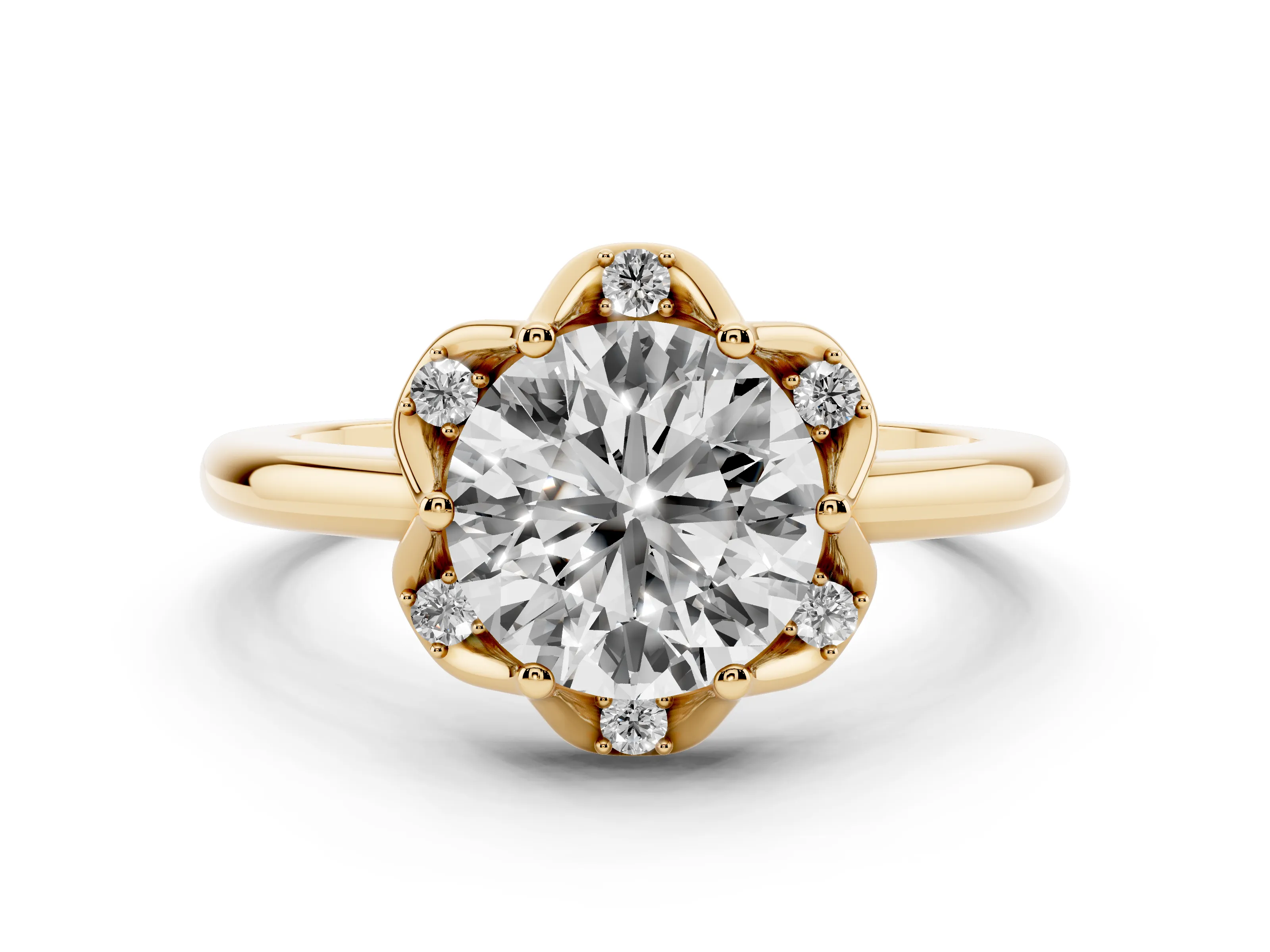 Round Cut Diamond Round Cluster Halo Ring Set in Yellow gold with Solitaire Band and Prong Setting