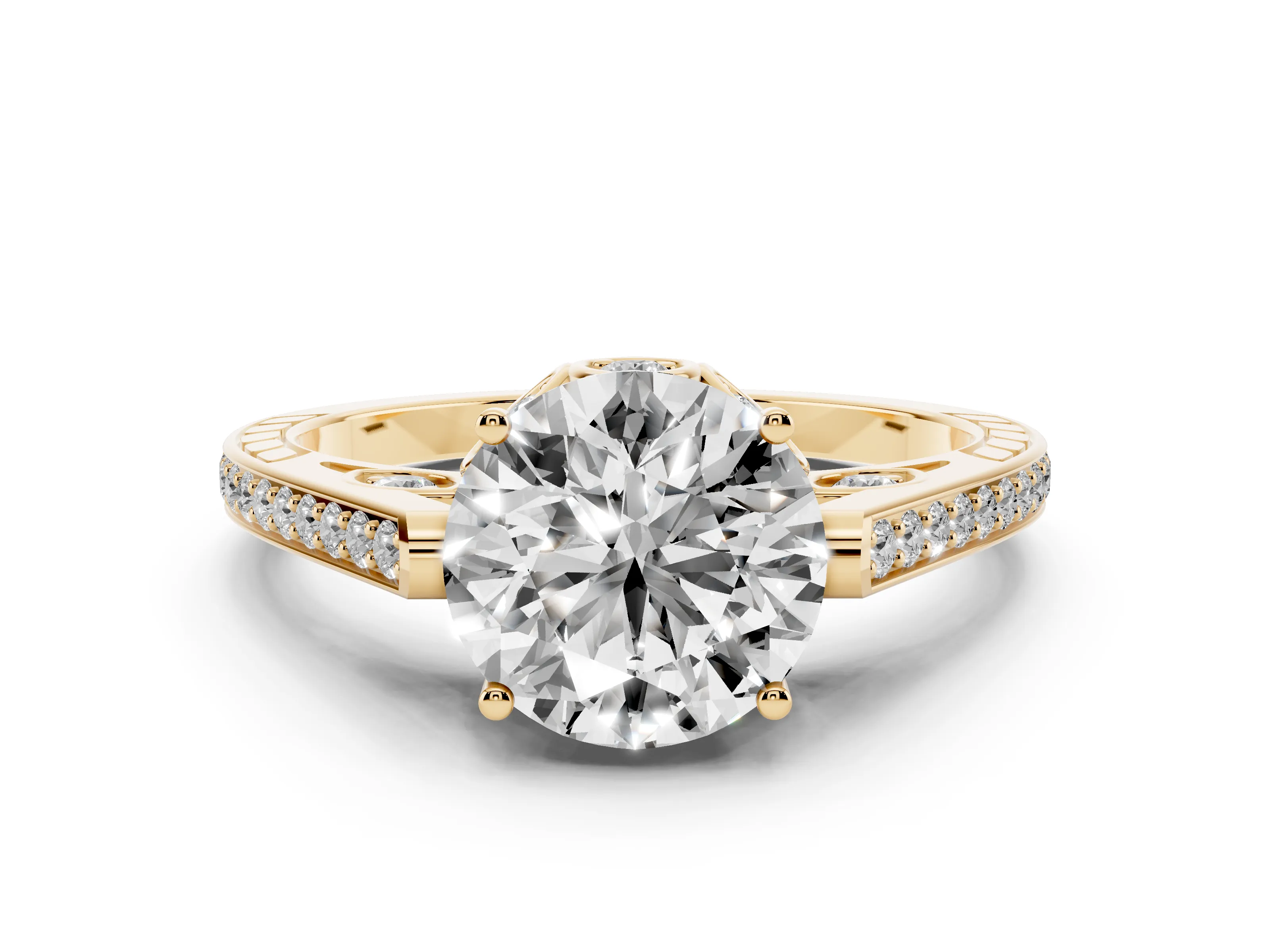 Round Cut Diamond Cathedral Pavé Engagement Ring Set in Yellow gold with Prong Setting