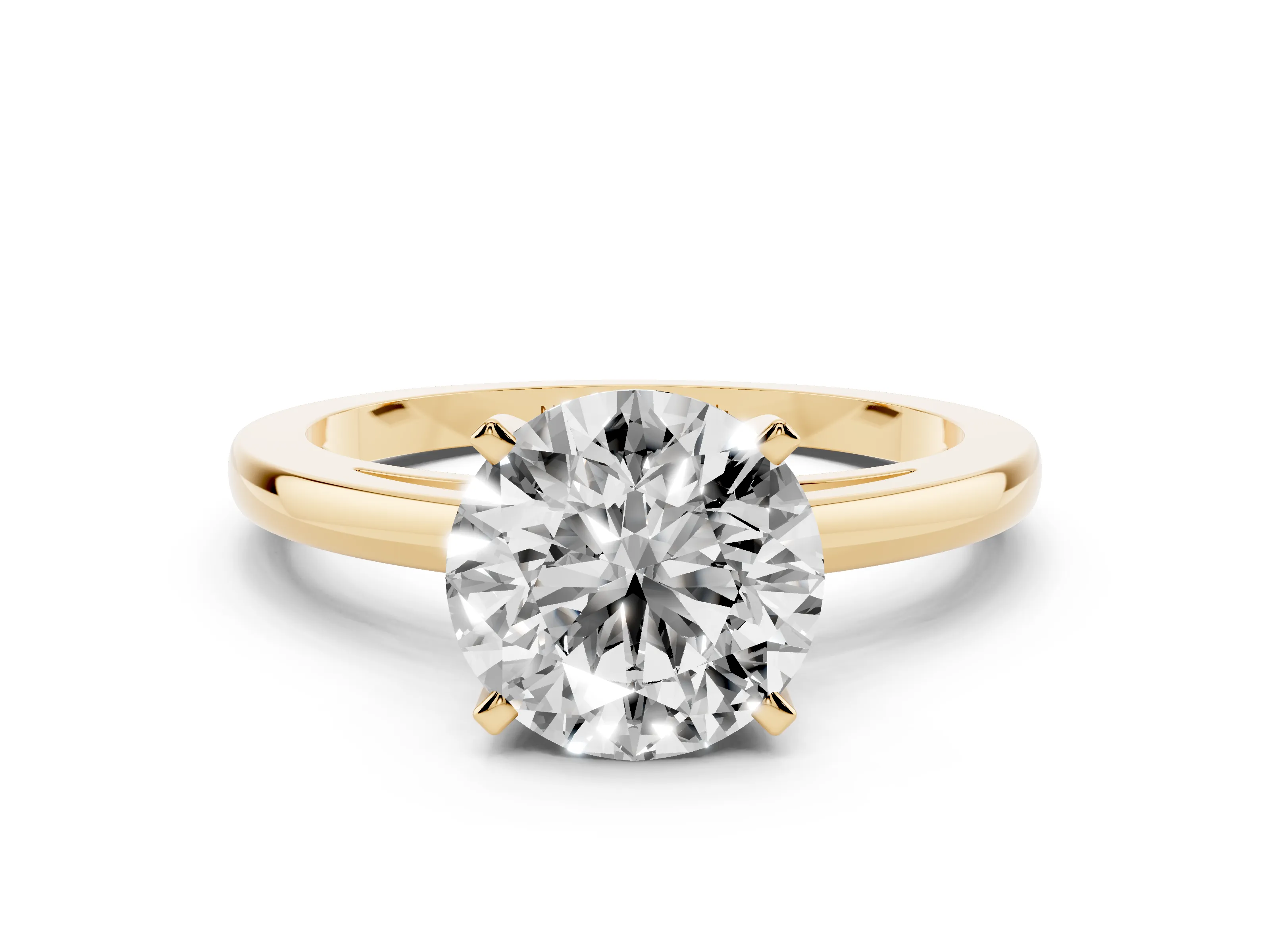 Round Cut Diamond Solitaire Engagement Ring Set in Yellow gold with Prong Setting on a Classic Band