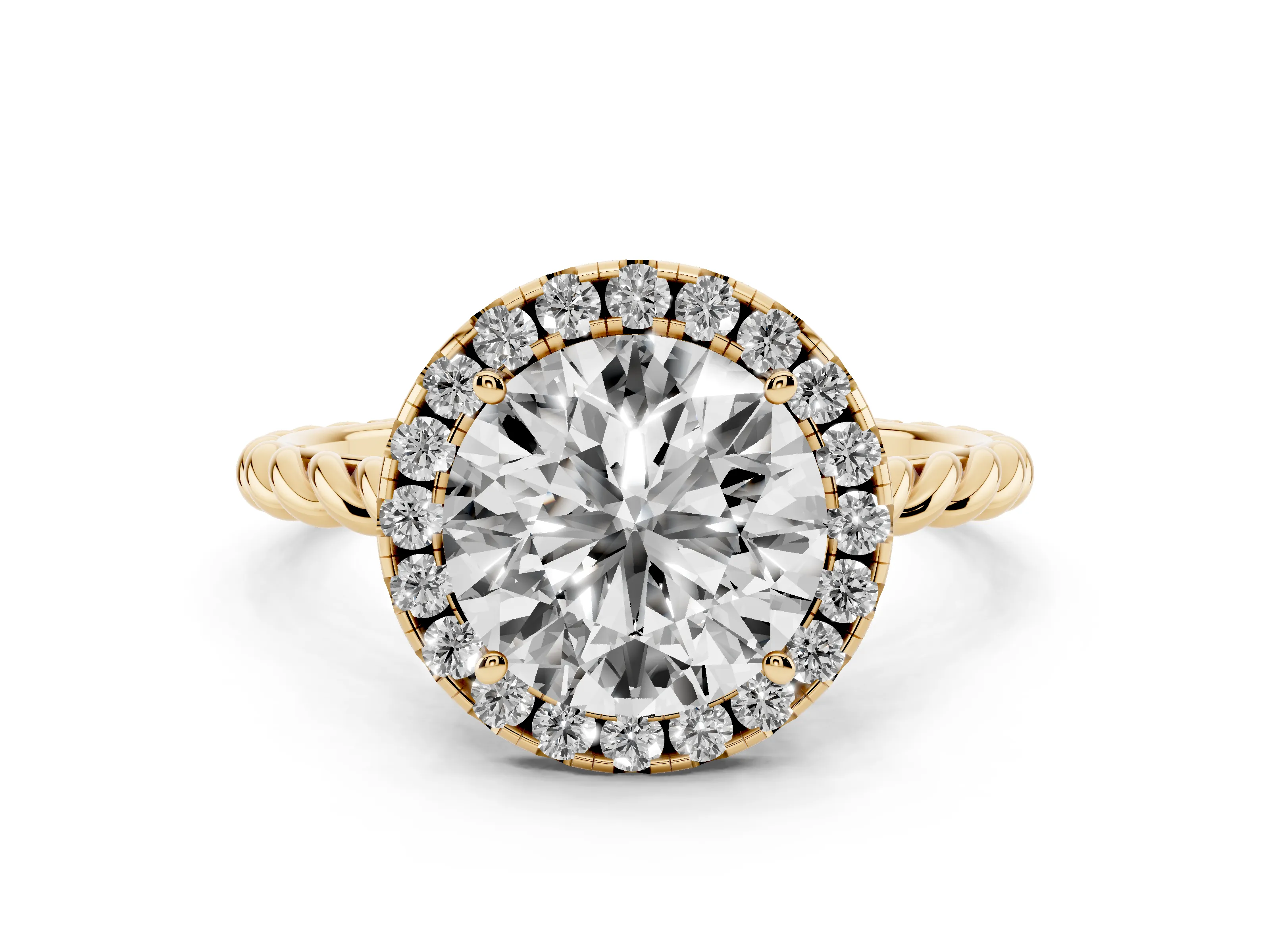 Round Cut Diamond Halo Ring Set in Yellow gold with Plain Twisted Band