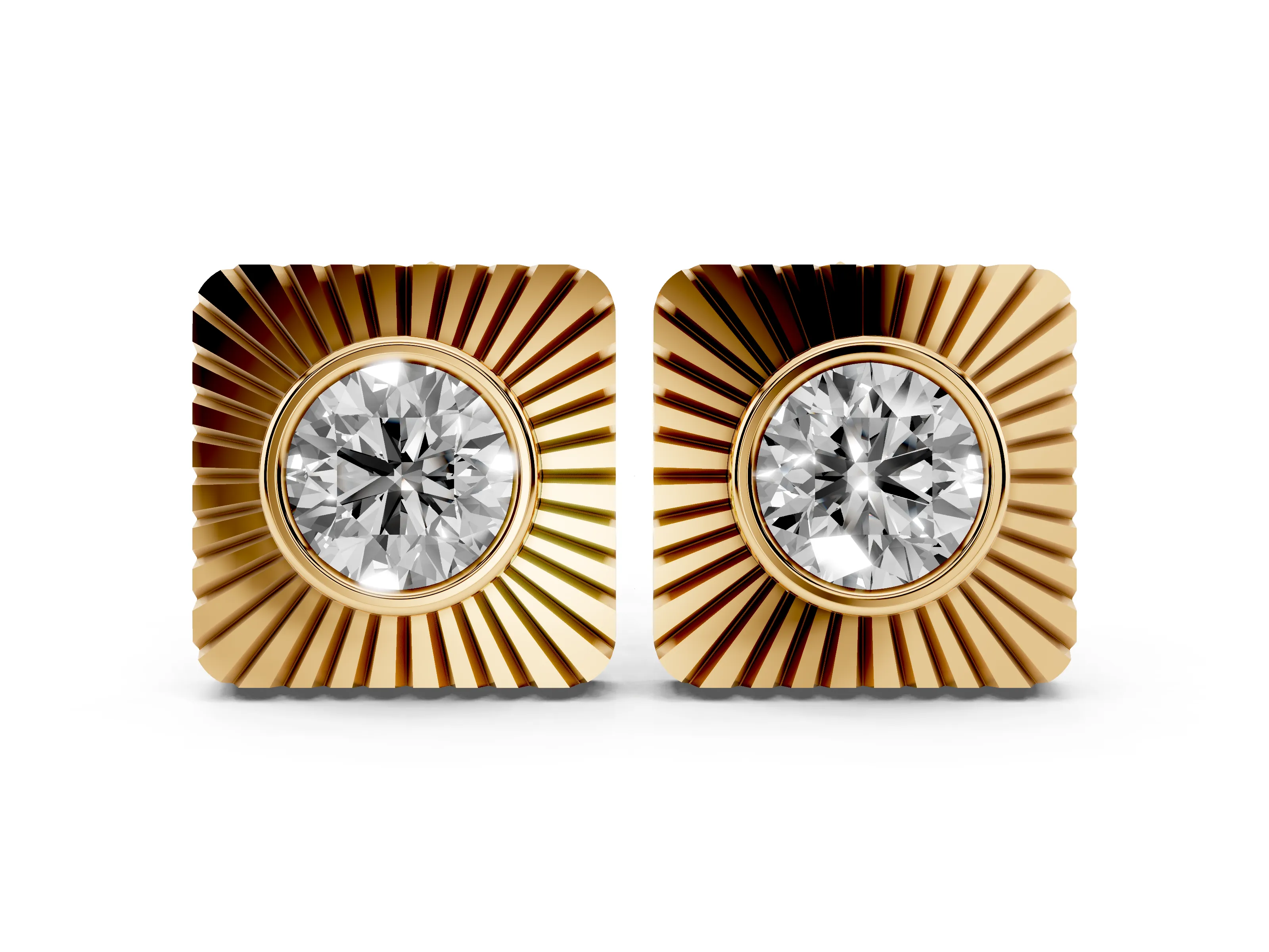 Round Lab-Grown Diamond Bezel Stud Earrings | Sunburst Square Frame | Yellow Gold