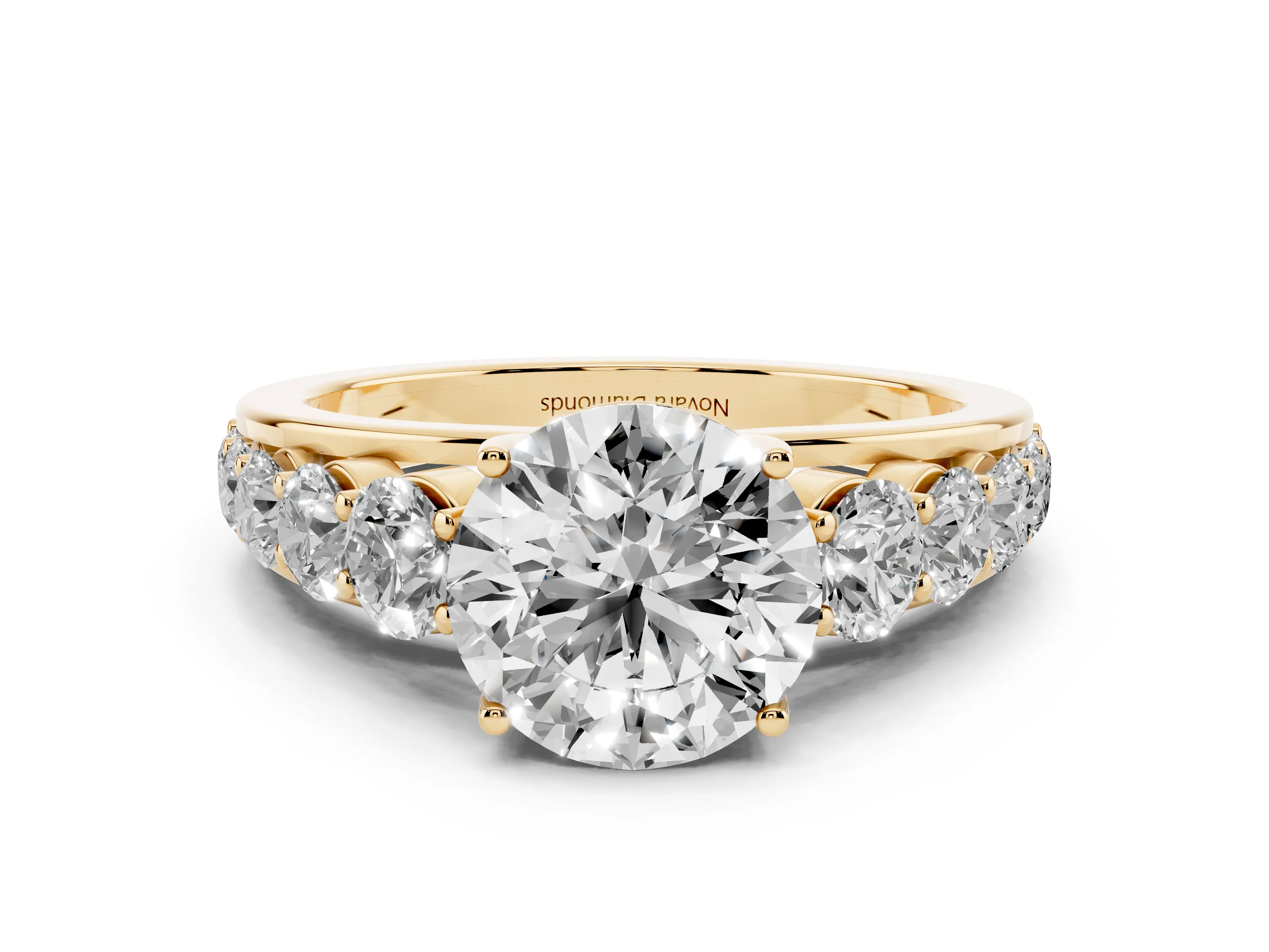 Round Cut Diamond Solitaire Ring Set in Yellow gold with Pavé-Set Band and Prong Setting