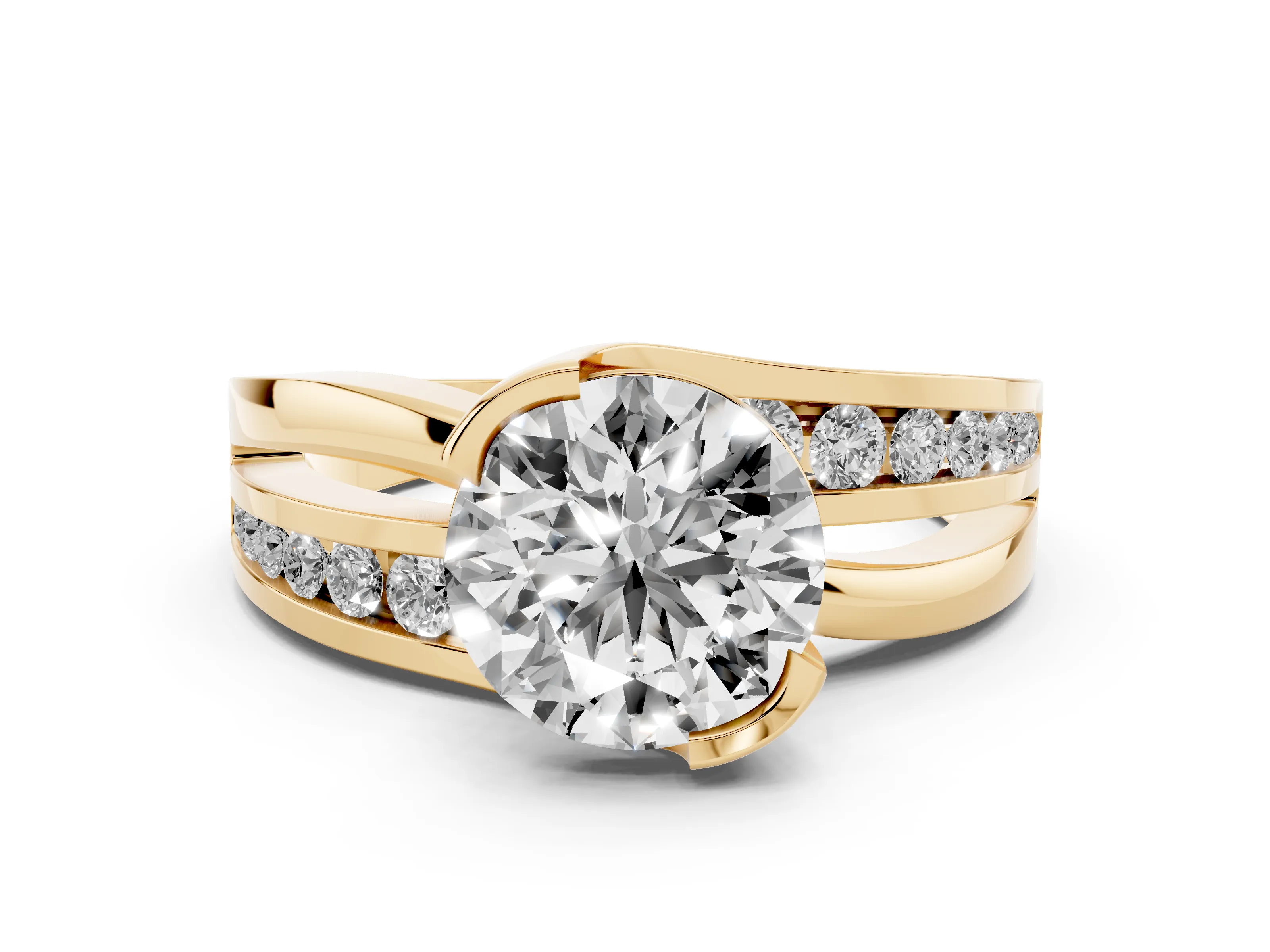Round Cut Diamond Solitaire Ring Set in Yellow gold with Channel Set Split Shank and Tension Prongs