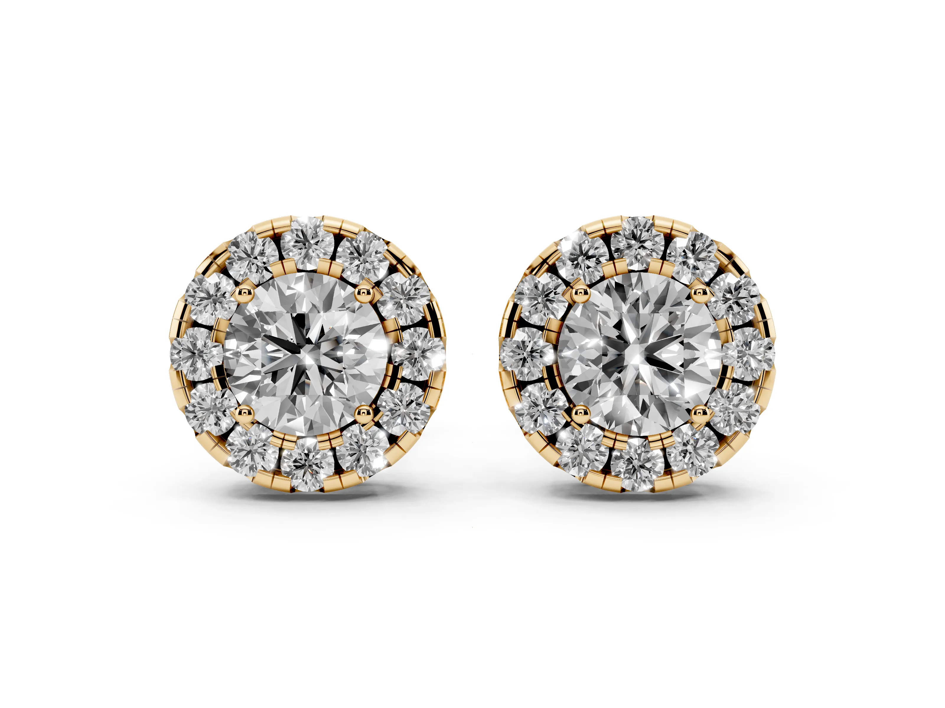 Round Lab-Grown Diamond Compact Halo Stud Earrings | Low Setting | Yellow Gold