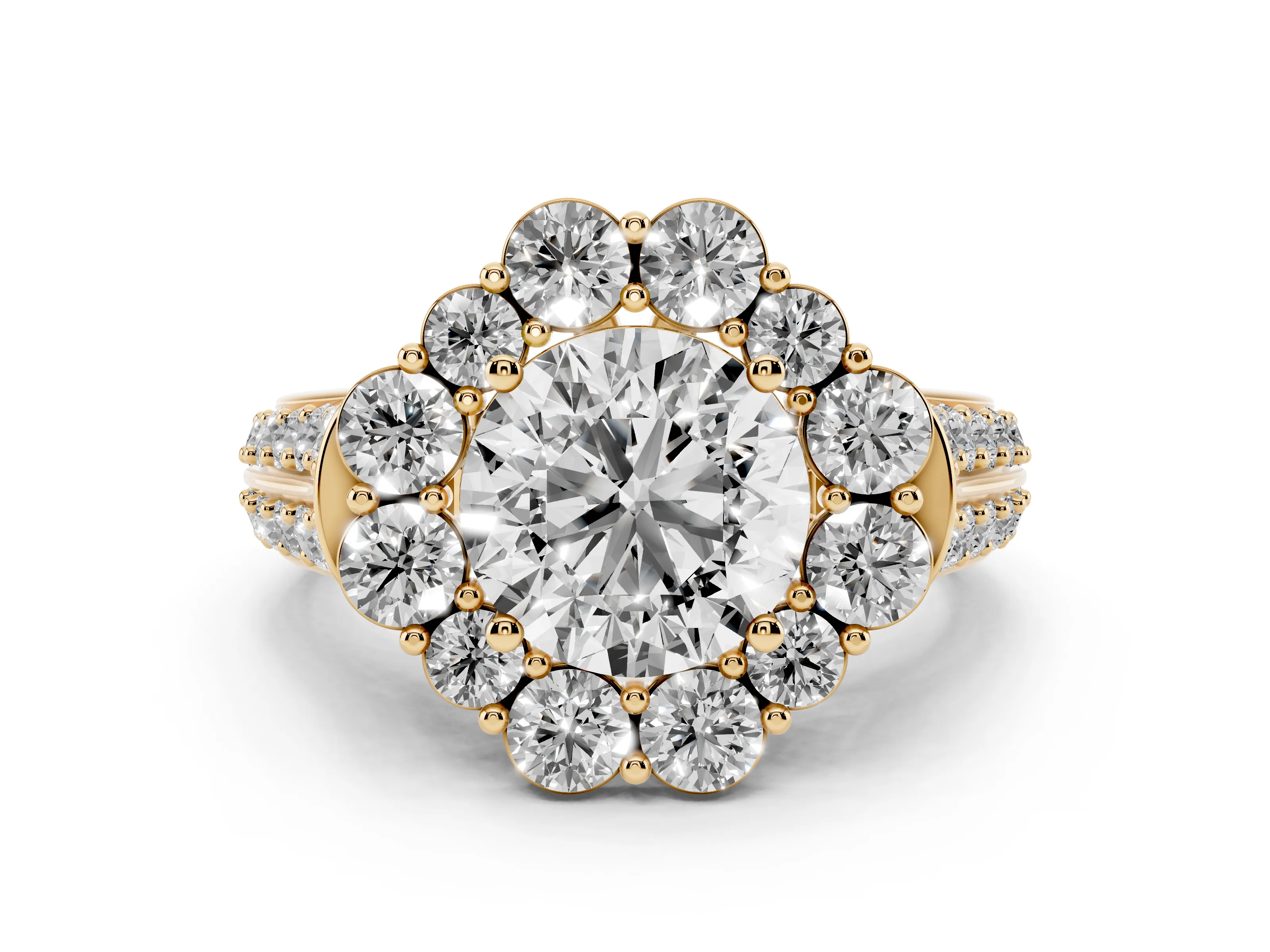 Round Cut Diamond Halo Engagement Ring Set in Yellow gold with Split Shank and Prong Setting