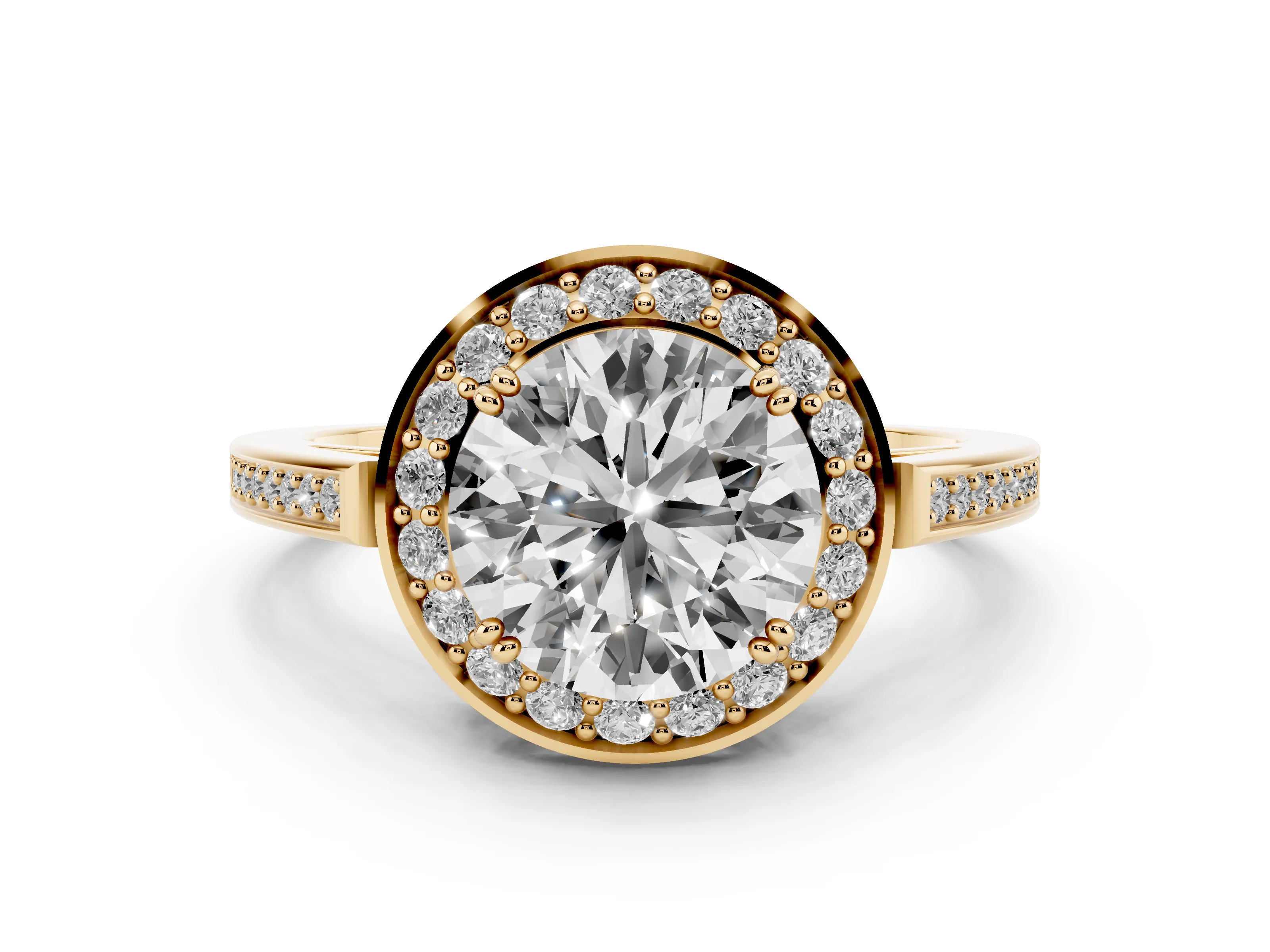Round Cut Diamond Halo Ring Set in Yellow gold with Accent-Lined Split Shank and Prong Setting