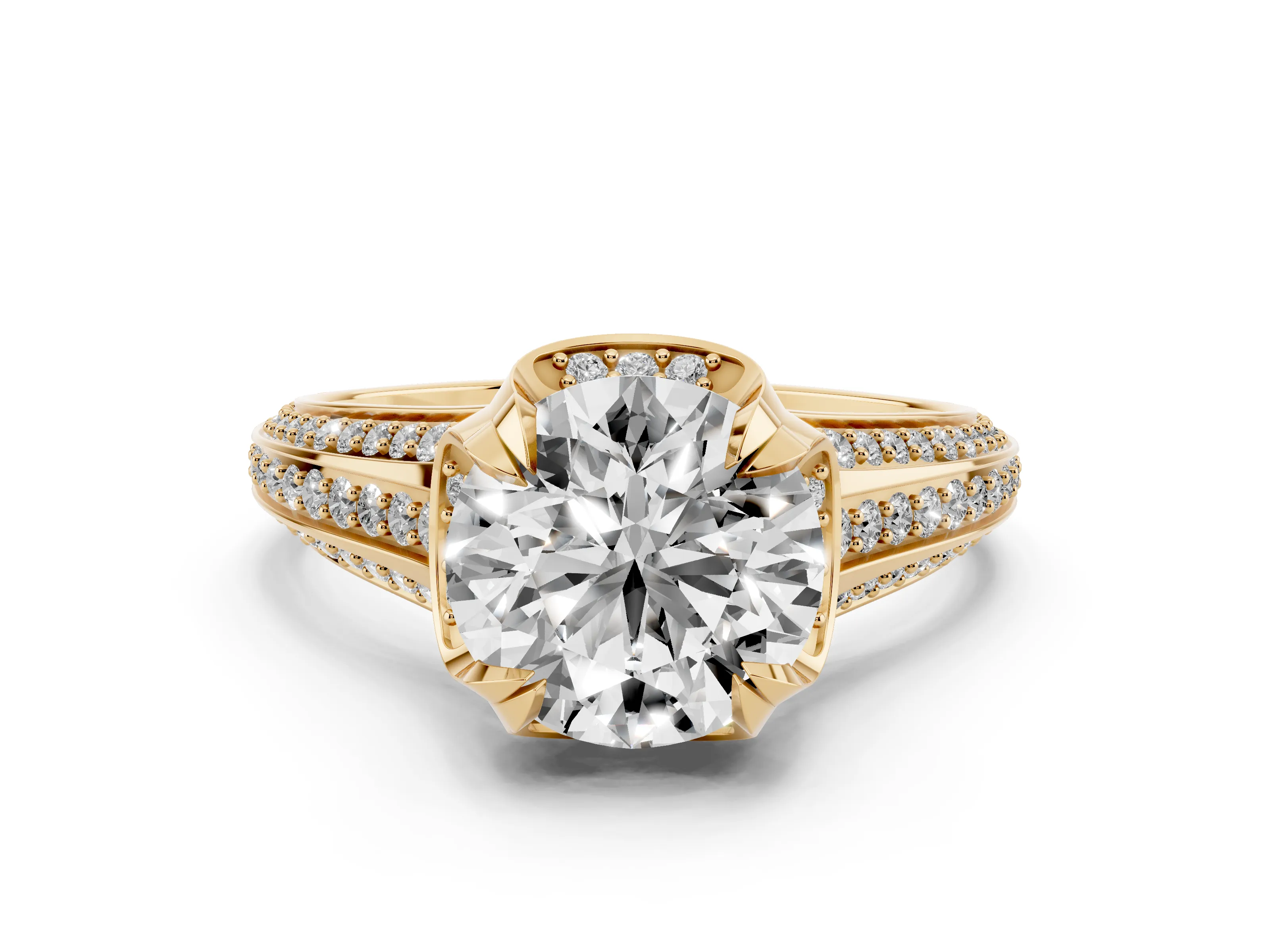 Round Cut Diamond Pavé Split Shank Solitaire Ring Set in Yellow gold with Prong Setting