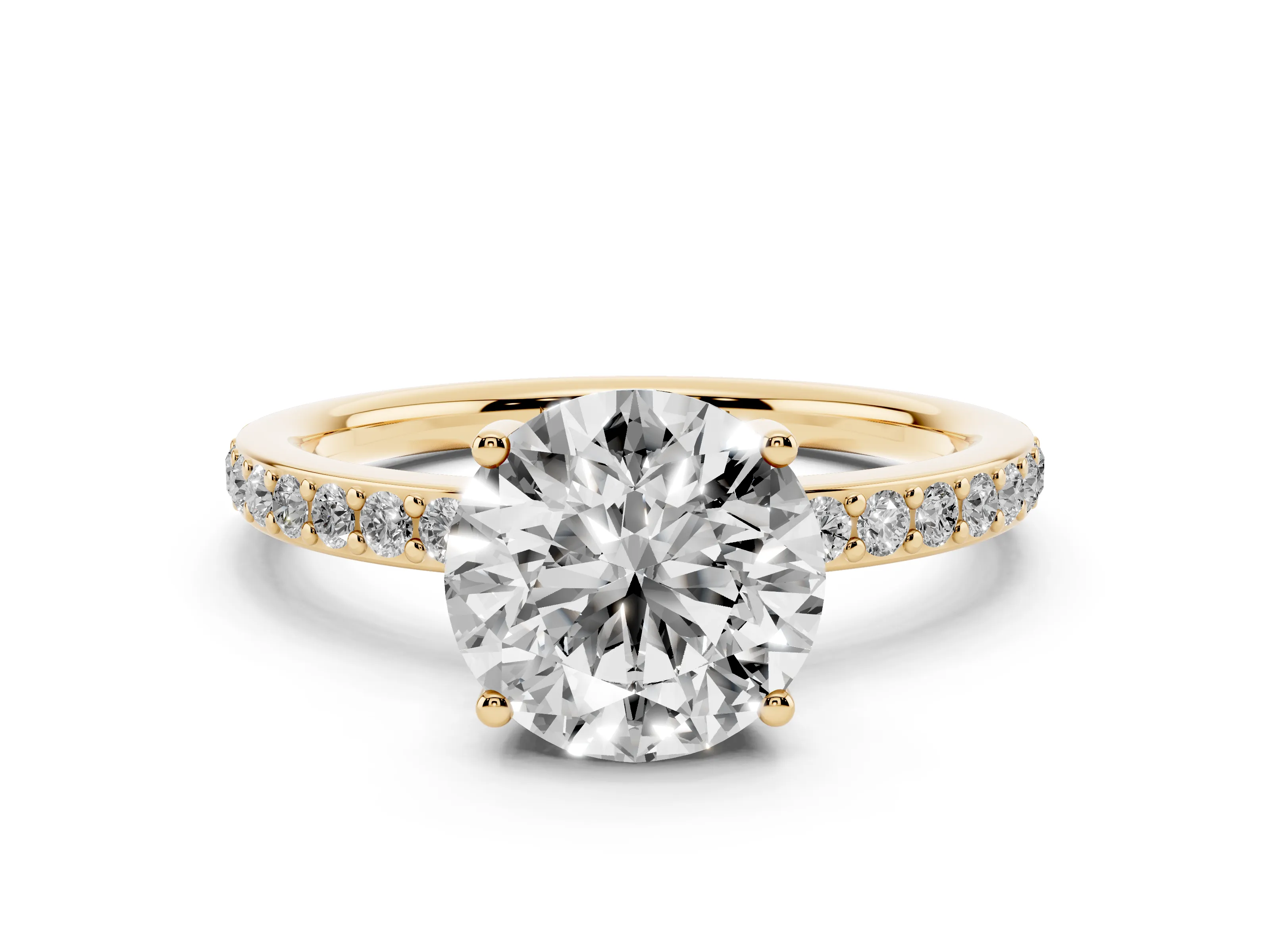 Round Cut Diamond Pavé Band Ring Set in Yellow gold with Prong-Set Center Stone