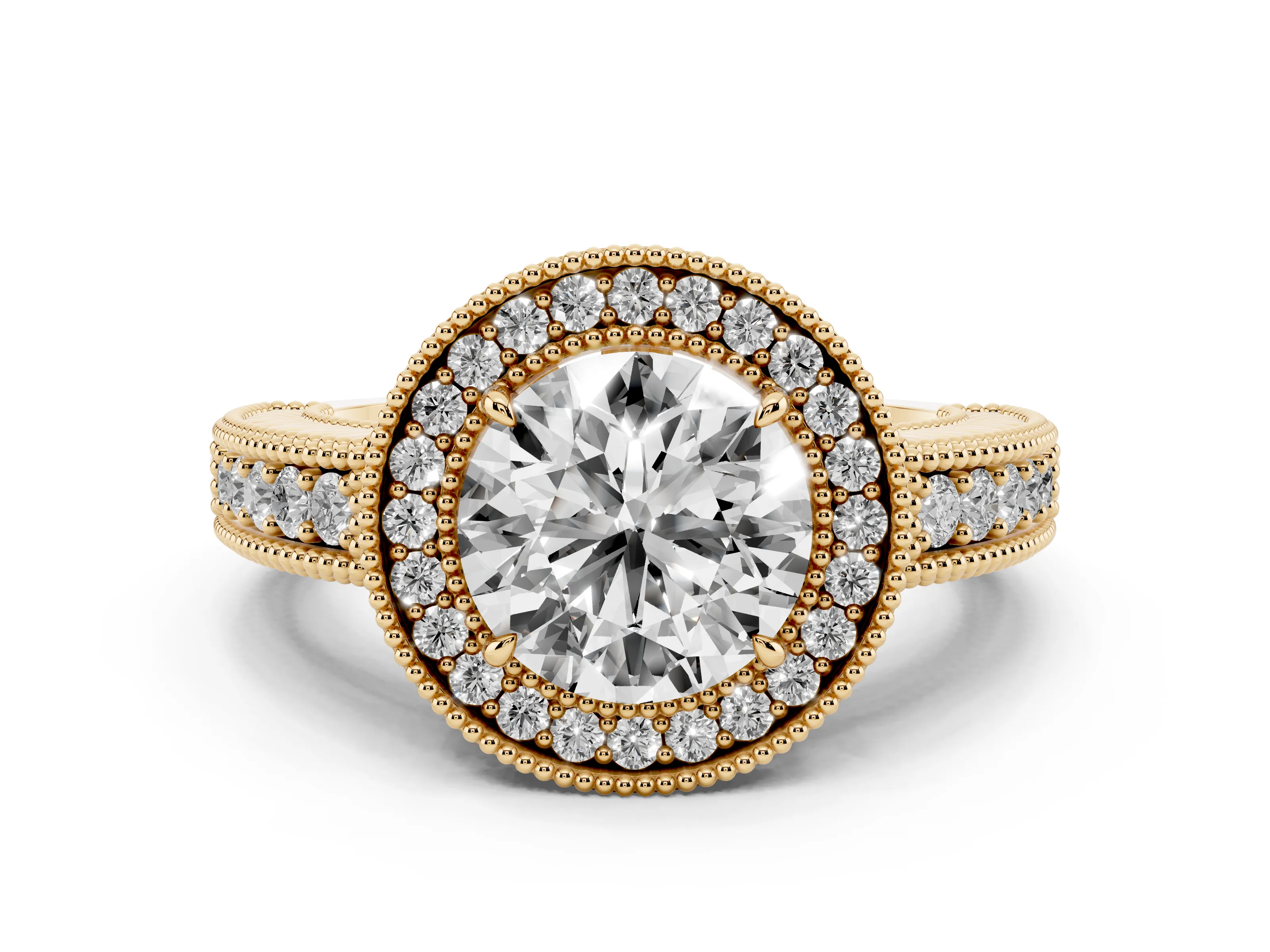 Round Cut Diamond Halo Ring Set in Yellow gold with Round Accent Halo, Pavé Band and Prong Setting